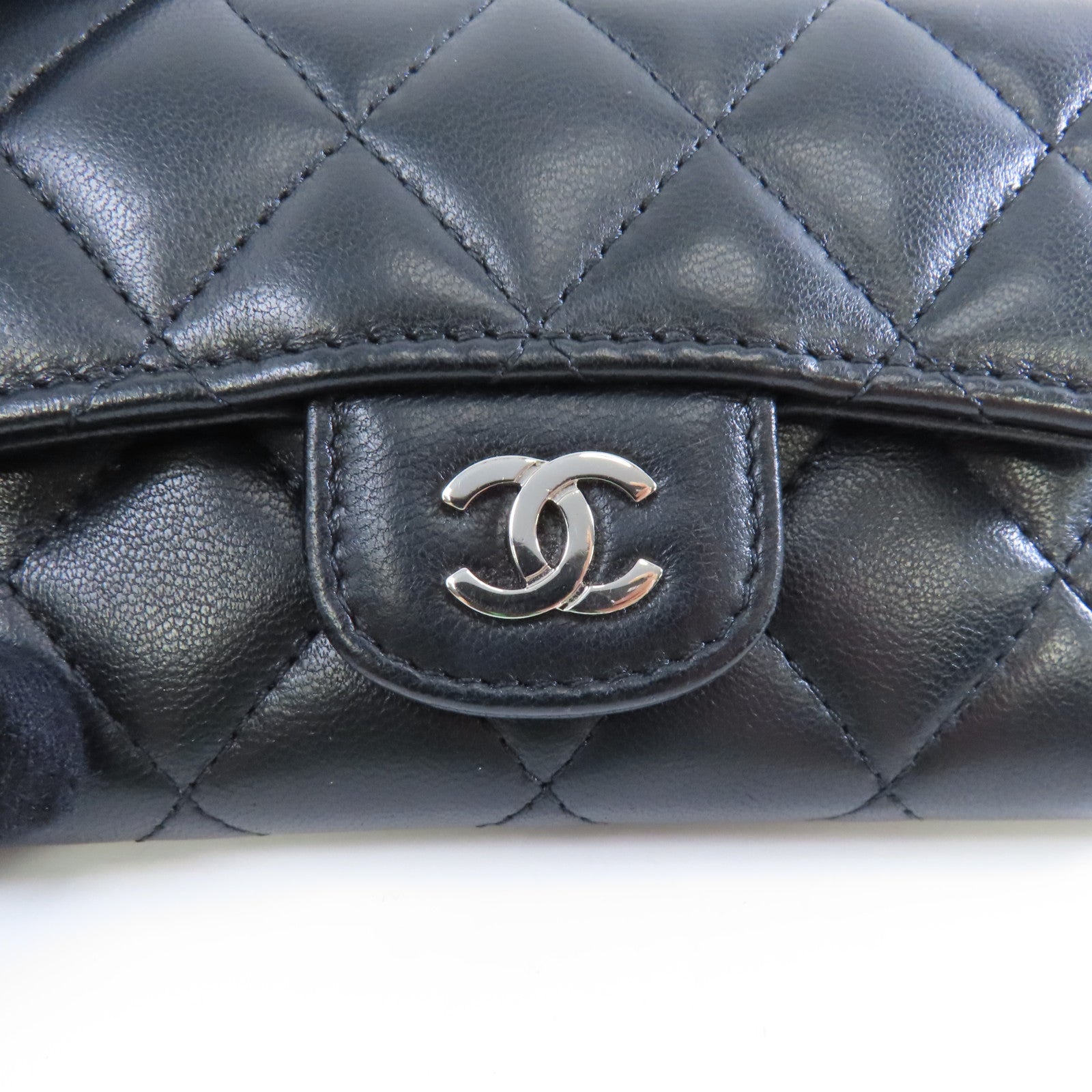 CHANEL 菱格羊皮皮革Card Case銀扣卡片套黑色