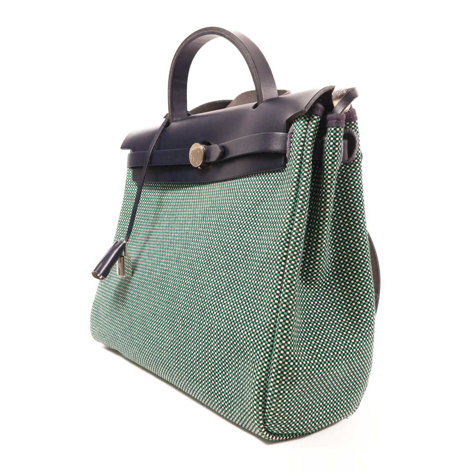 HERMES 帆布/皮革Herbag PM銀扣手挽肩背兩用袋綠色/黑色