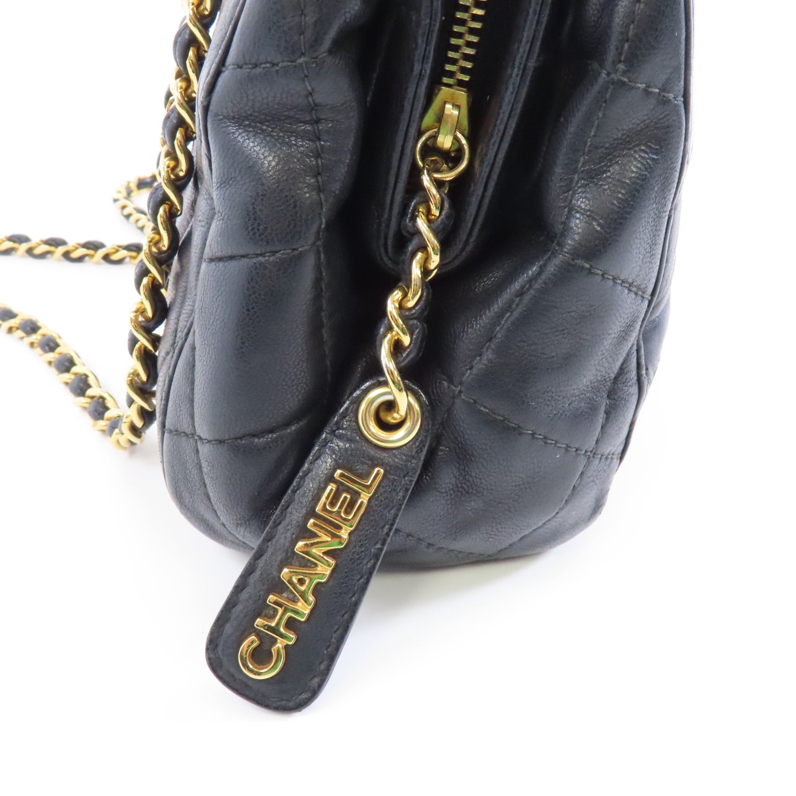 CHANEL 菱格羊皮皮革Chain Shoulder金扣鏈帶肩背袋黑色