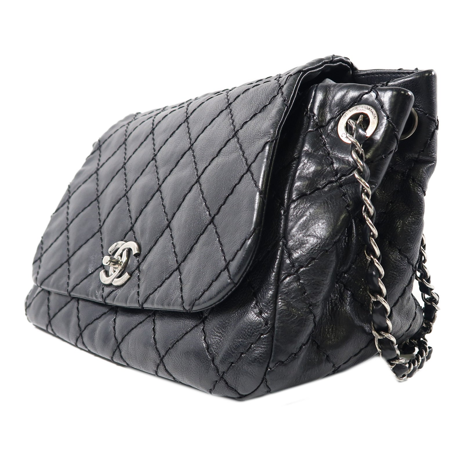CHANEL 菱格羊皮皮革Chain Shoulder銀扣鏈帶肩背袋黑色
