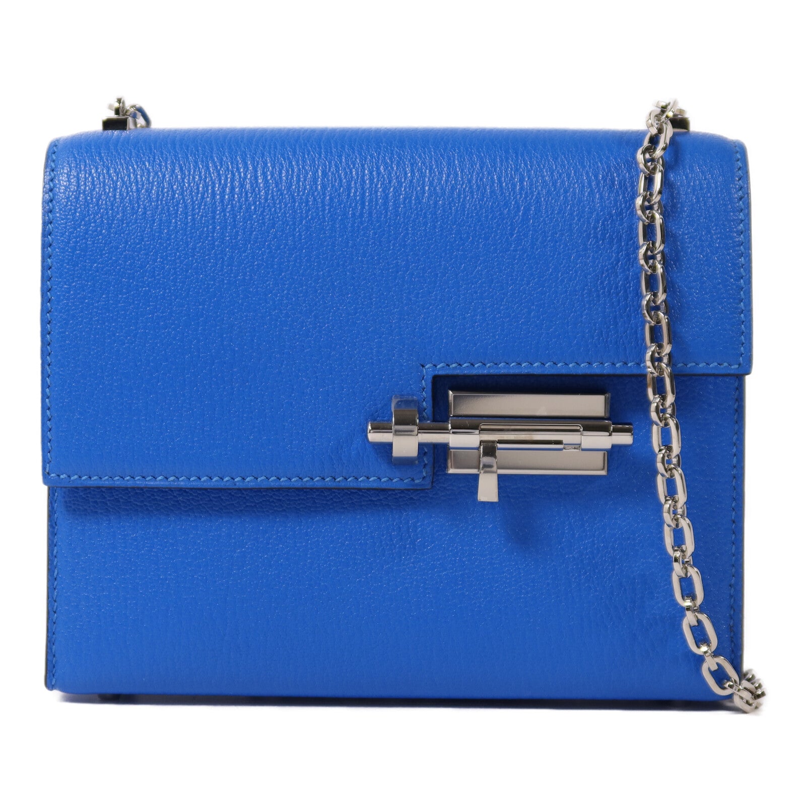 HERMES Chevre皮革Verrou Mini銀扣鏈帶肩背袋Blue Hydra