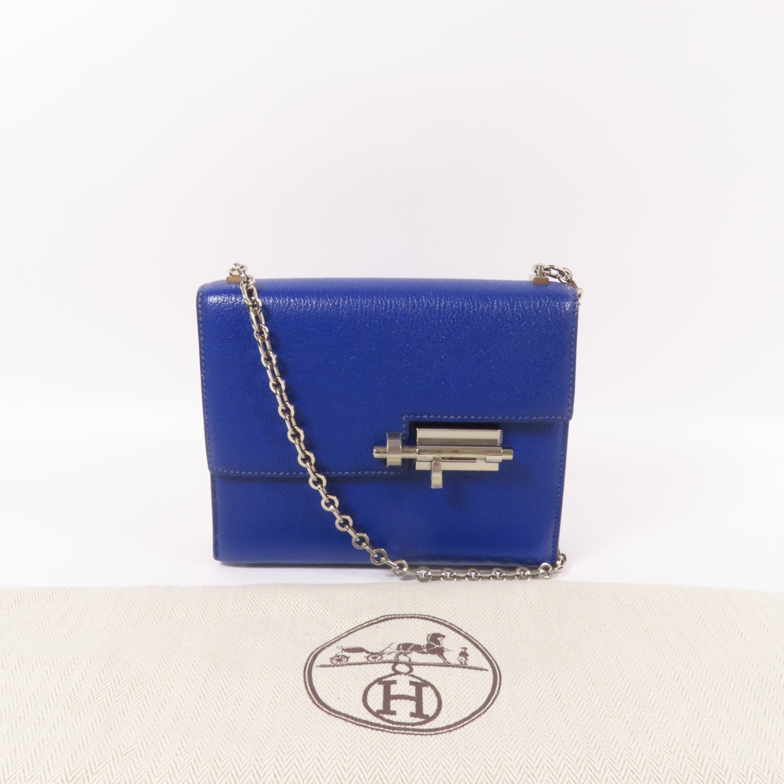 HERMES Chevre皮革Verrou Mini銀扣鏈帶肩背袋Bleu Electrique