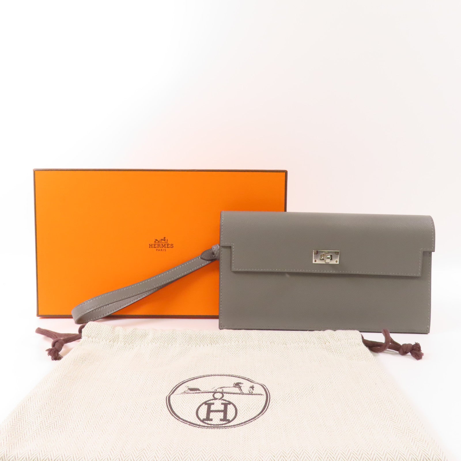 HERMES Madame皮革Kelly Pocket Long Wallet銀扣長錢包Gris Meyer