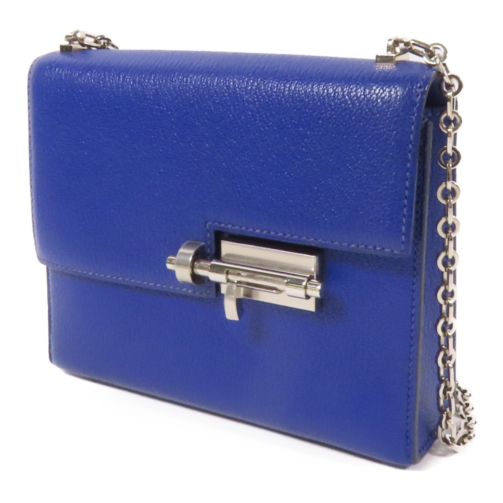HERMES Chevre皮革Verrou Mini銀扣鏈帶肩背袋Bleu Electrique