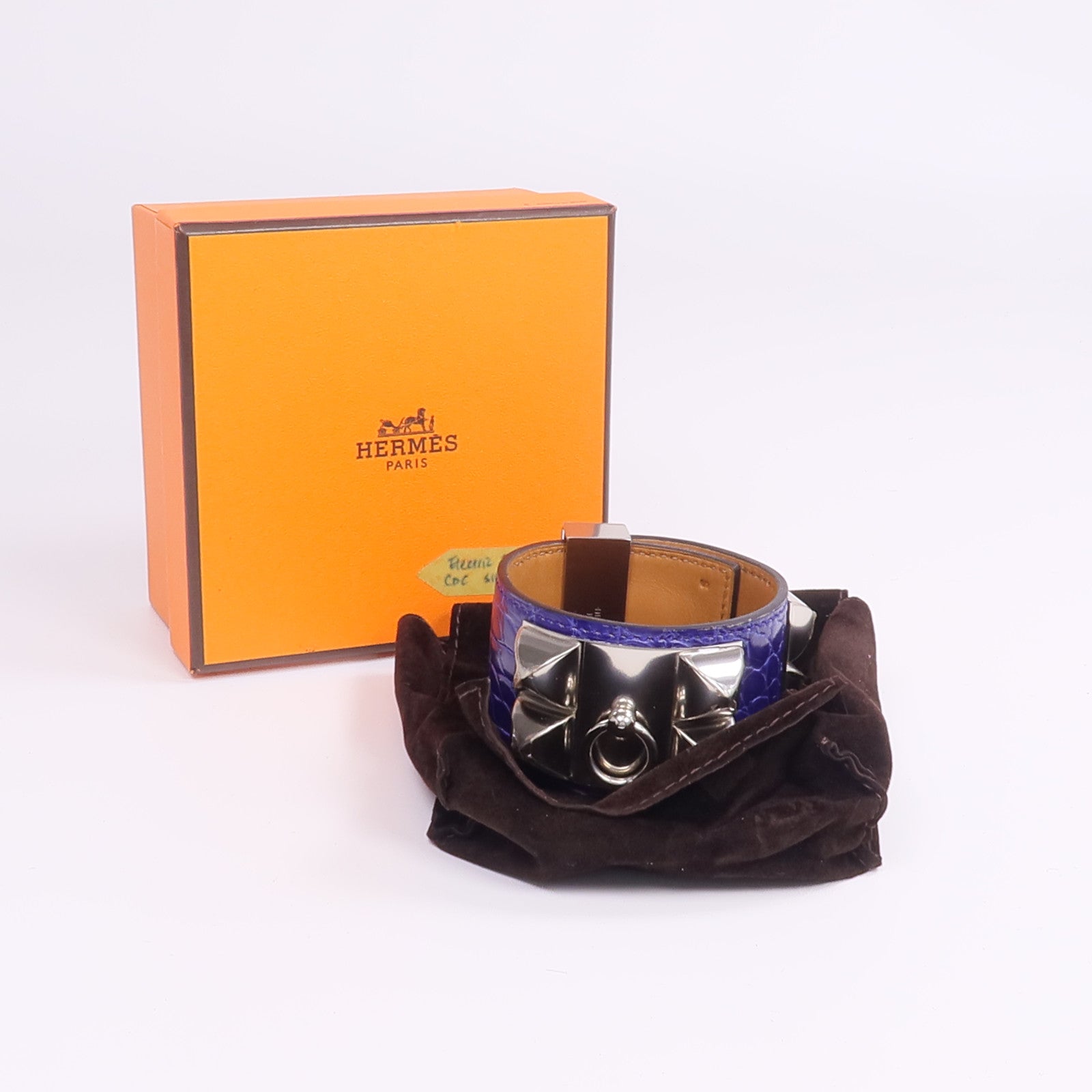 HERMES 【激減優惠】Alligator皮革Collier de Chien Bracelet銀扣手帶Bleu Electrique