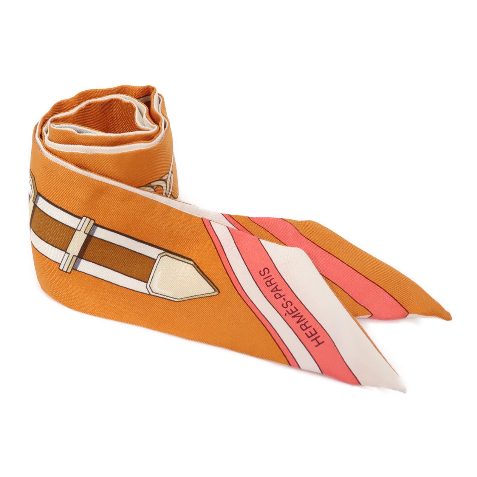 HERMES 【激減優惠】絲質Twilly絲巾橙色/白色