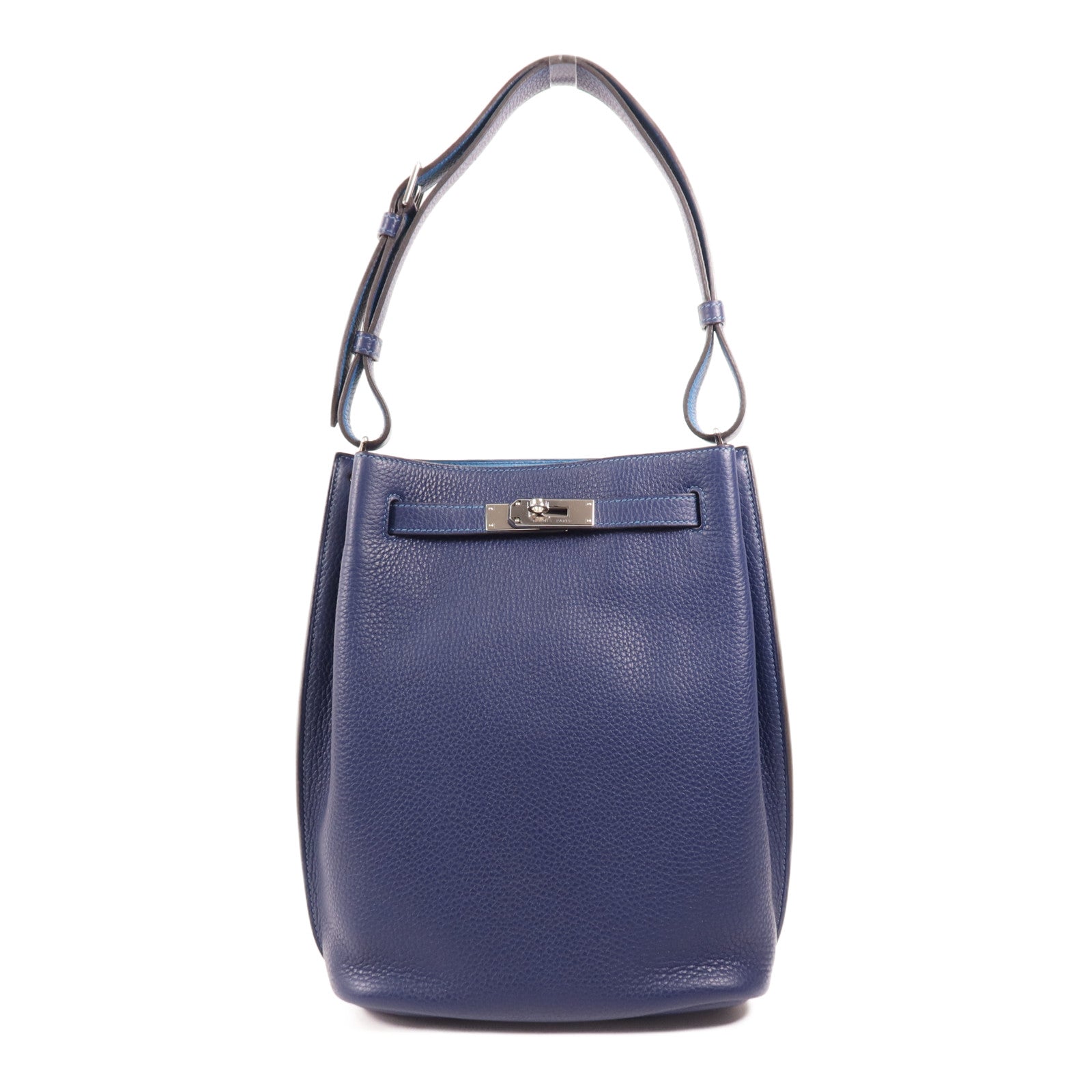 HERMES Clemence皮革So Kelly 22銀扣肩背袋Bleu Saphir
