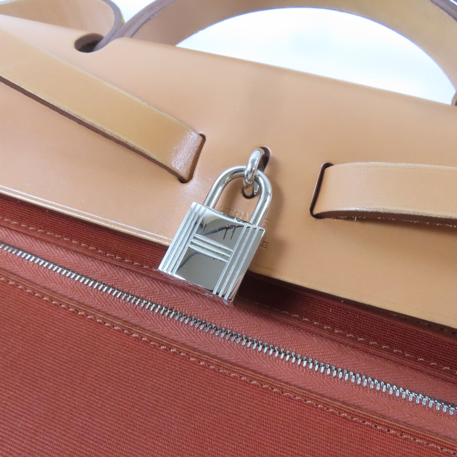 HERMES 帆布Herbag PM銀扣手挽肩背兩用袋Cuivre/橙紅色