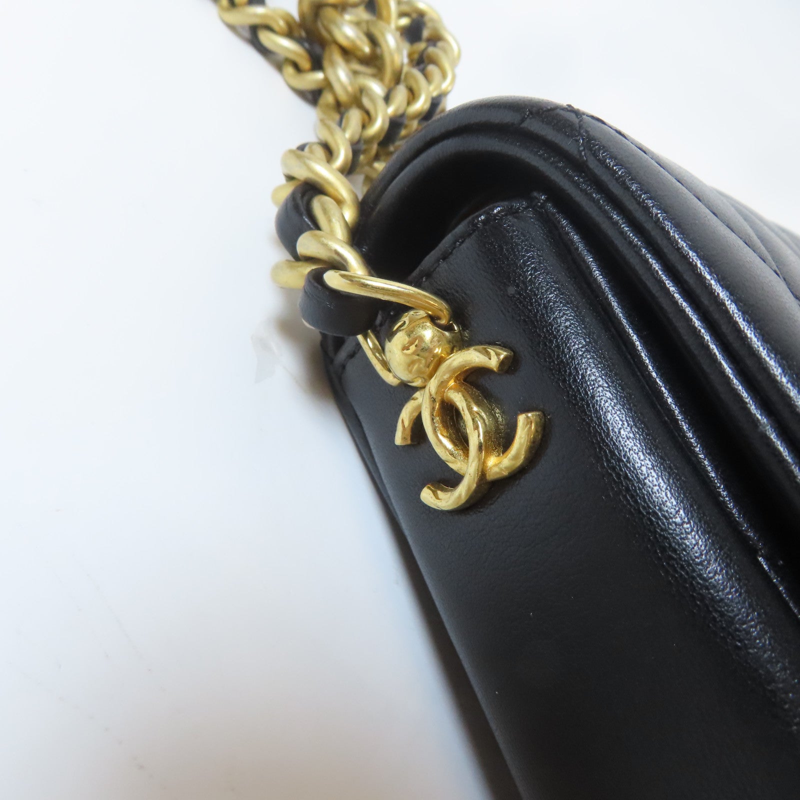 CHANEL 菱格羊皮皮革Mini Flap Bag金扣手挽肩背兩用袋袋黑色