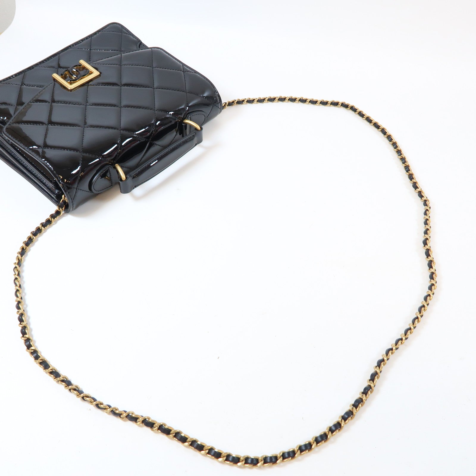 CHANEL 【激減優惠】菱格漆皮皮革Top Handle Flap金扣手挽肩背兩用袋黑色