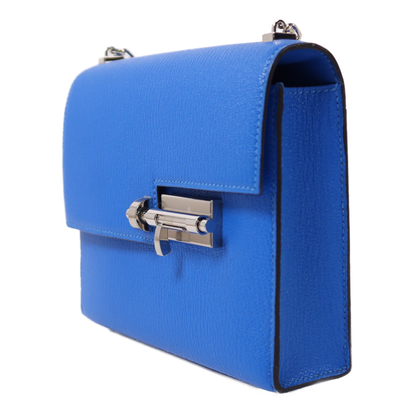 HERMES Chevre皮革Verrou Mini銀扣鏈帶肩背袋Blue Hydra