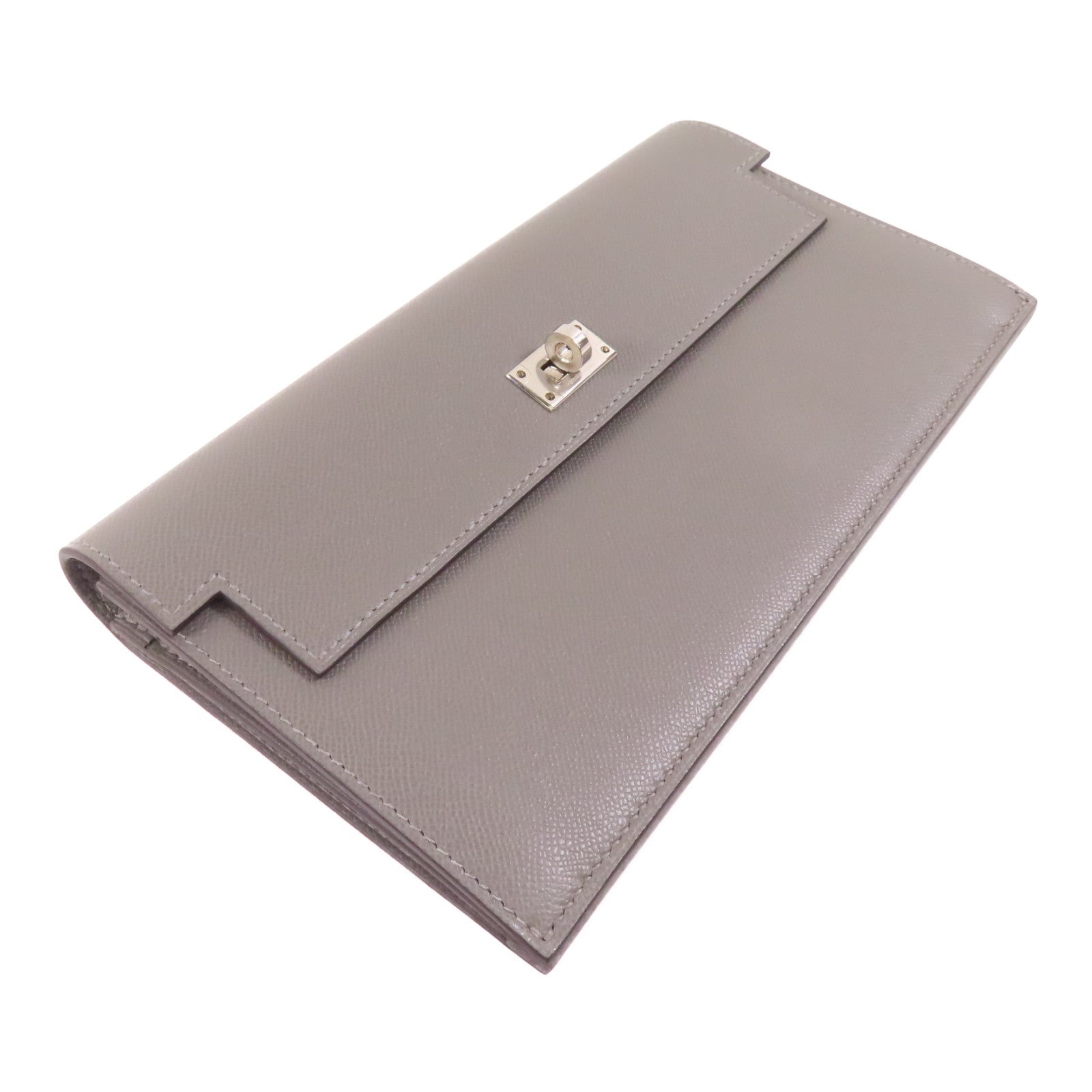 HERMES Madame皮革Kelly Pocket Long Wallet銀扣長錢包Gris Meyer