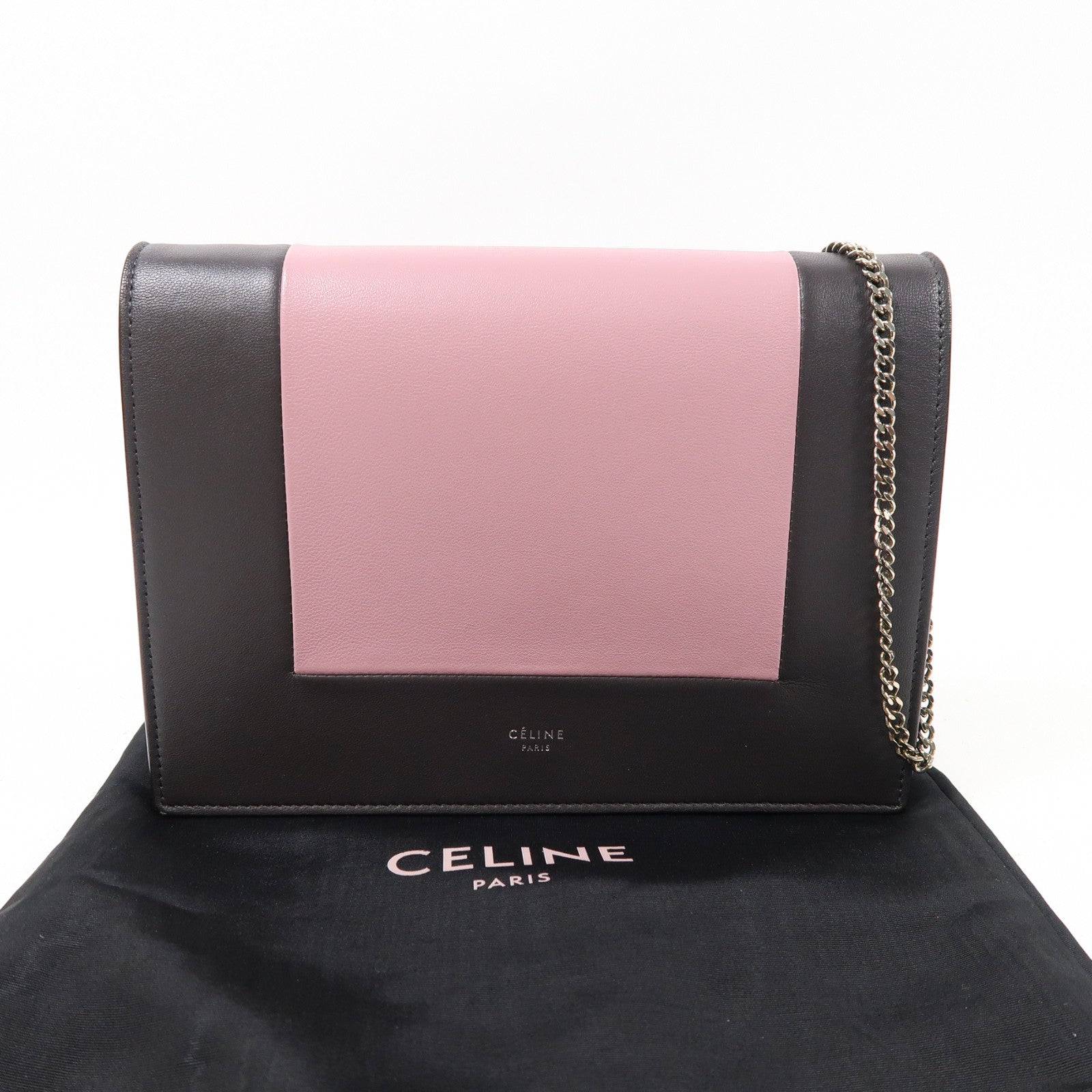 CELINE 牛皮皮革Frame Woc銀扣鏈帶肩背袋灰色/粉紅色