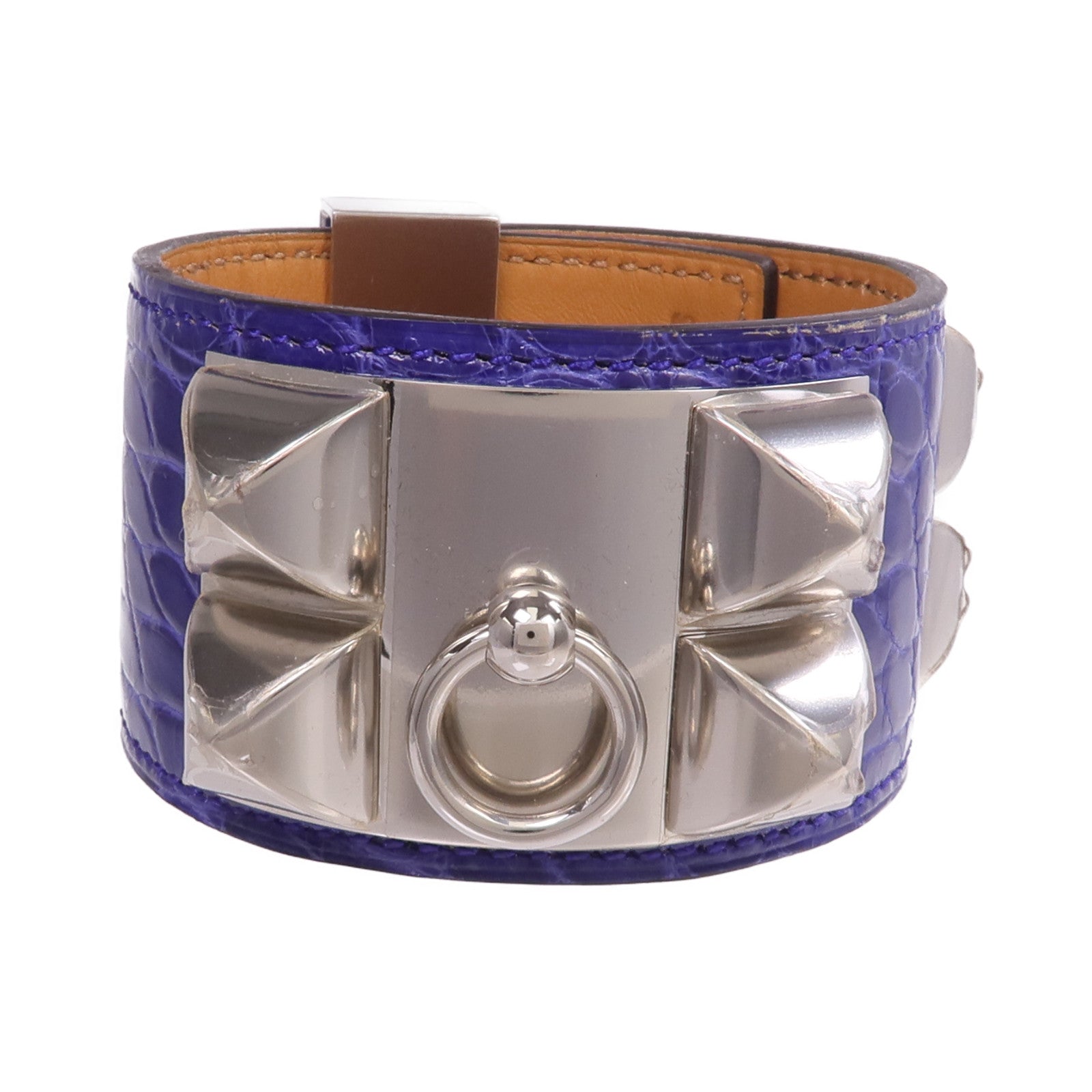 HERMES 【激減優惠】Alligator皮革Collier de Chien Bracelet銀扣手帶Bleu Electrique