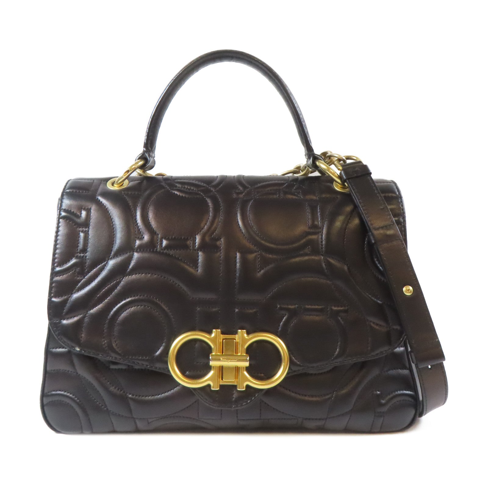 Salvatore Ferragamo 牛皮皮革2 Way Chain Shoulder Bag金扣鏈帶手挽肩背兩用袋黑色