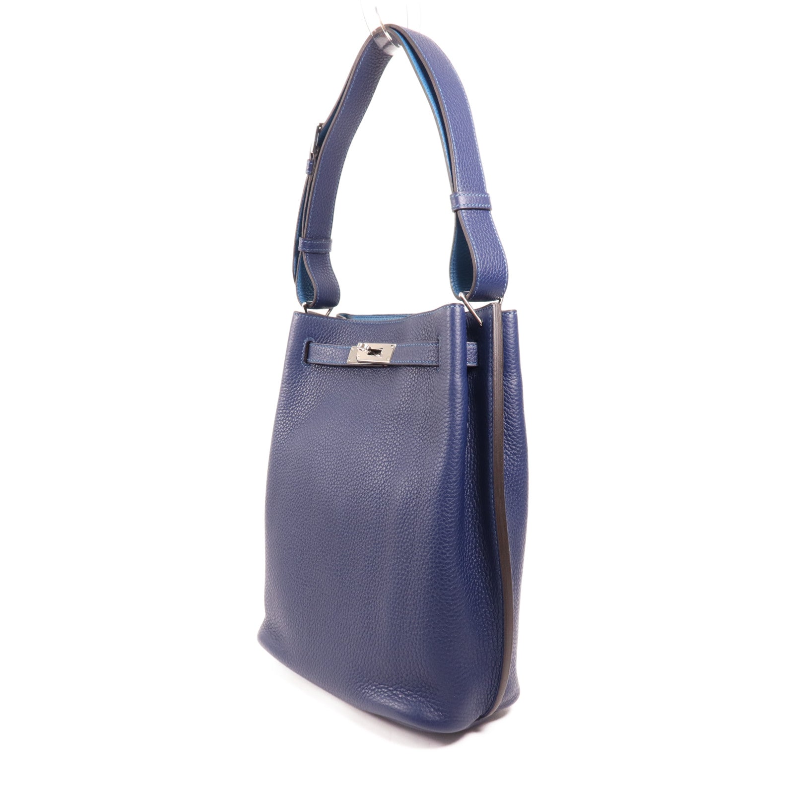 HERMES Clemence皮革So Kelly 22銀扣肩背袋Bleu Saphir