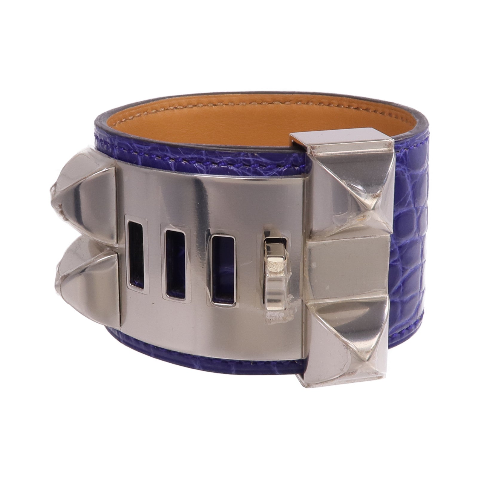 HERMES 【激減優惠】Alligator皮革Collier de Chien Bracelet銀扣手帶Bleu Electrique