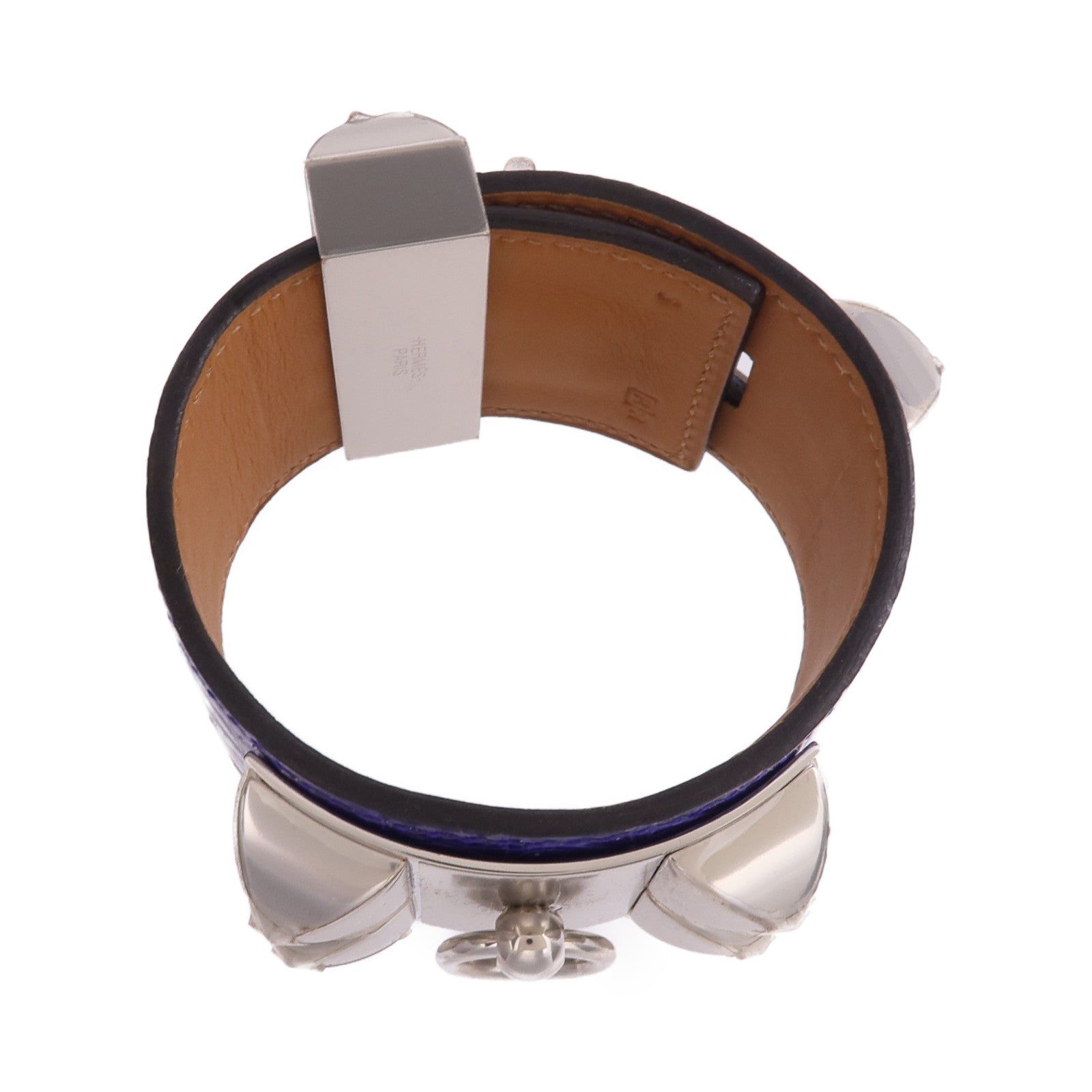 HERMES 【激減優惠】Alligator皮革Collier de Chien Bracelet銀扣手帶Bleu Electrique