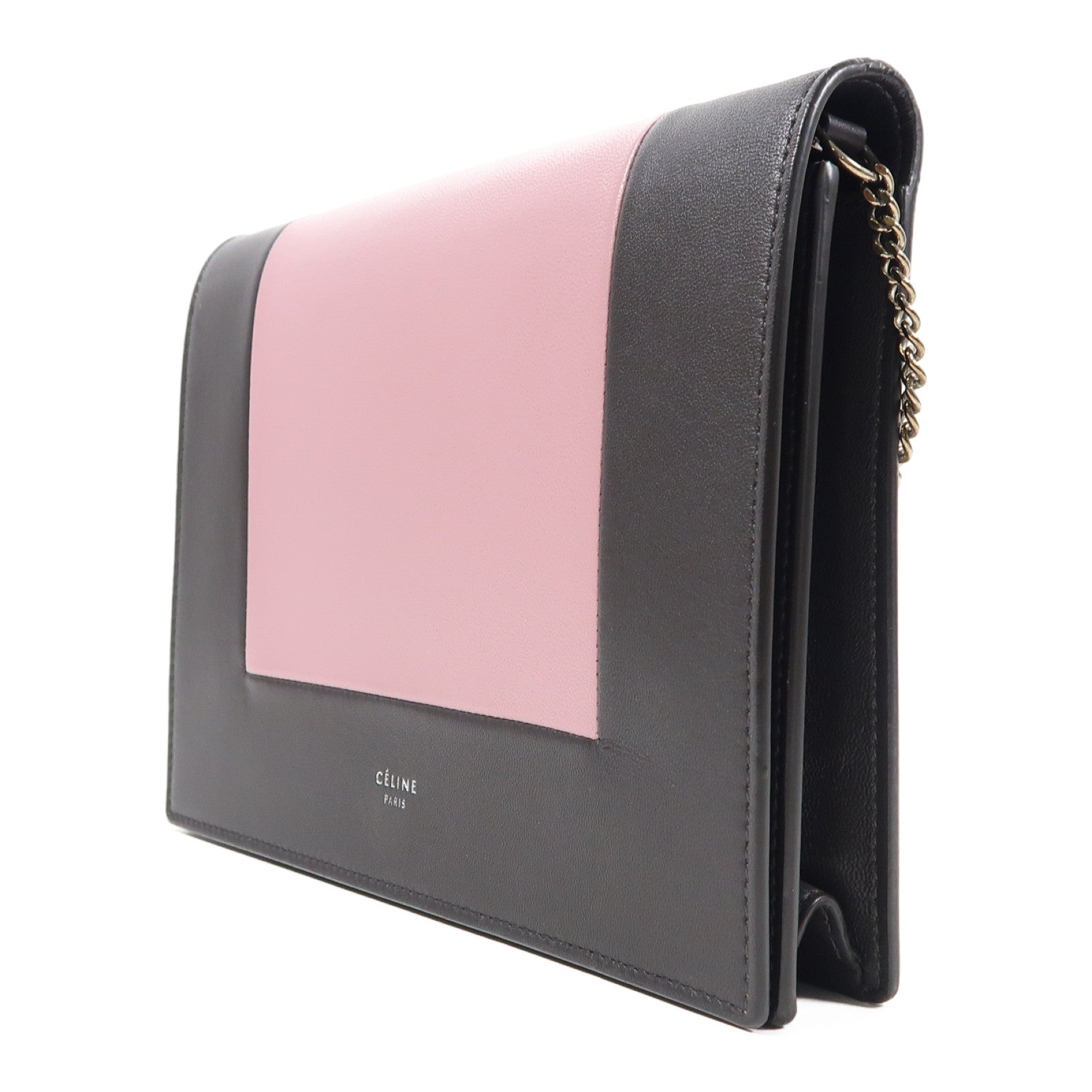 CELINE 牛皮皮革Frame Woc銀扣鏈帶肩背袋灰色/粉紅色