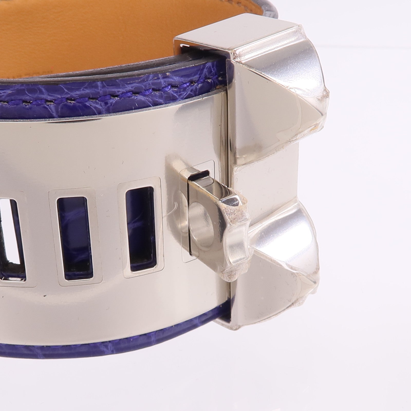 HERMES 【激減優惠】Alligator皮革Collier de Chien Bracelet銀扣手帶Bleu Electrique