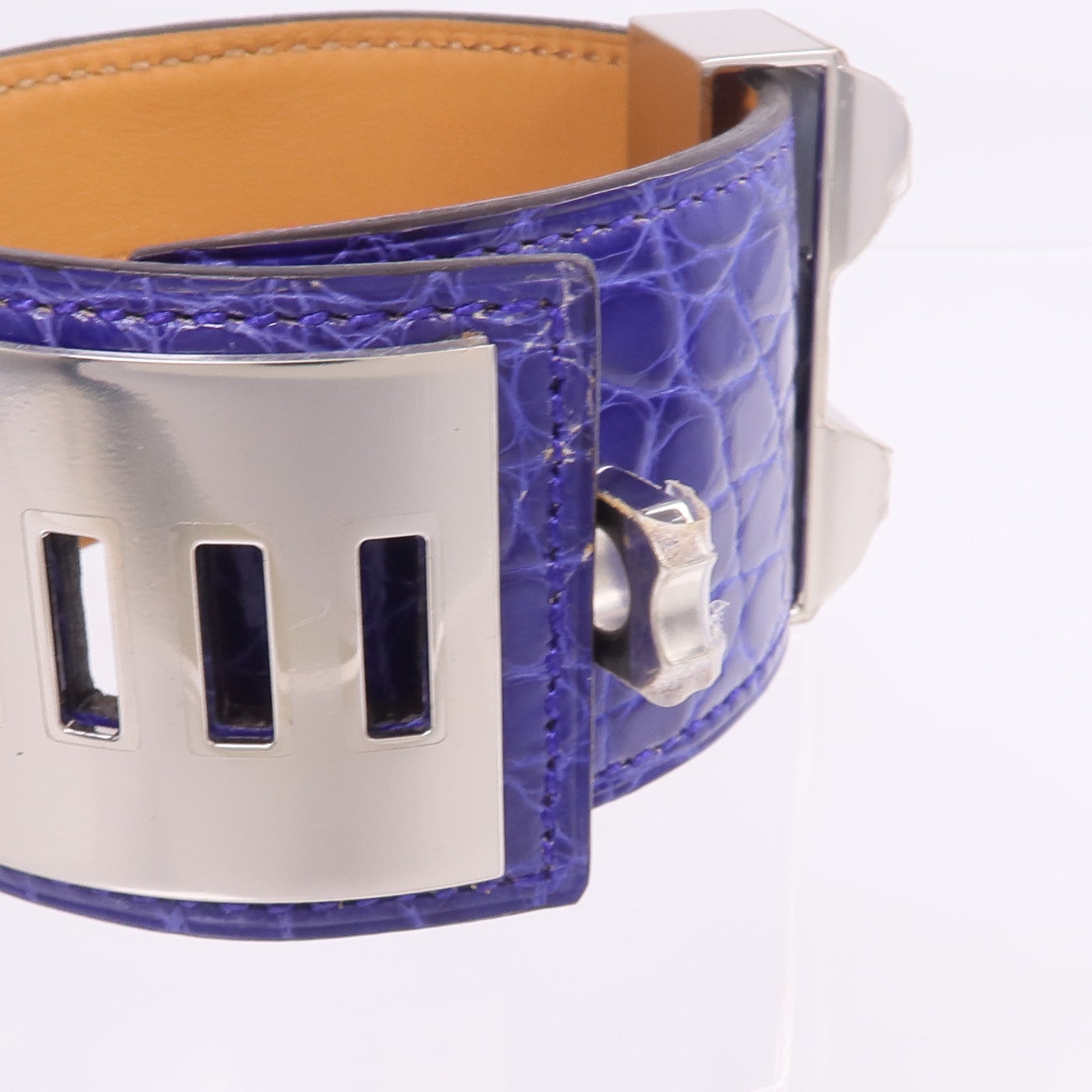 HERMES 【激減優惠】Alligator皮革Collier de Chien Bracelet銀扣手帶Bleu Electrique
