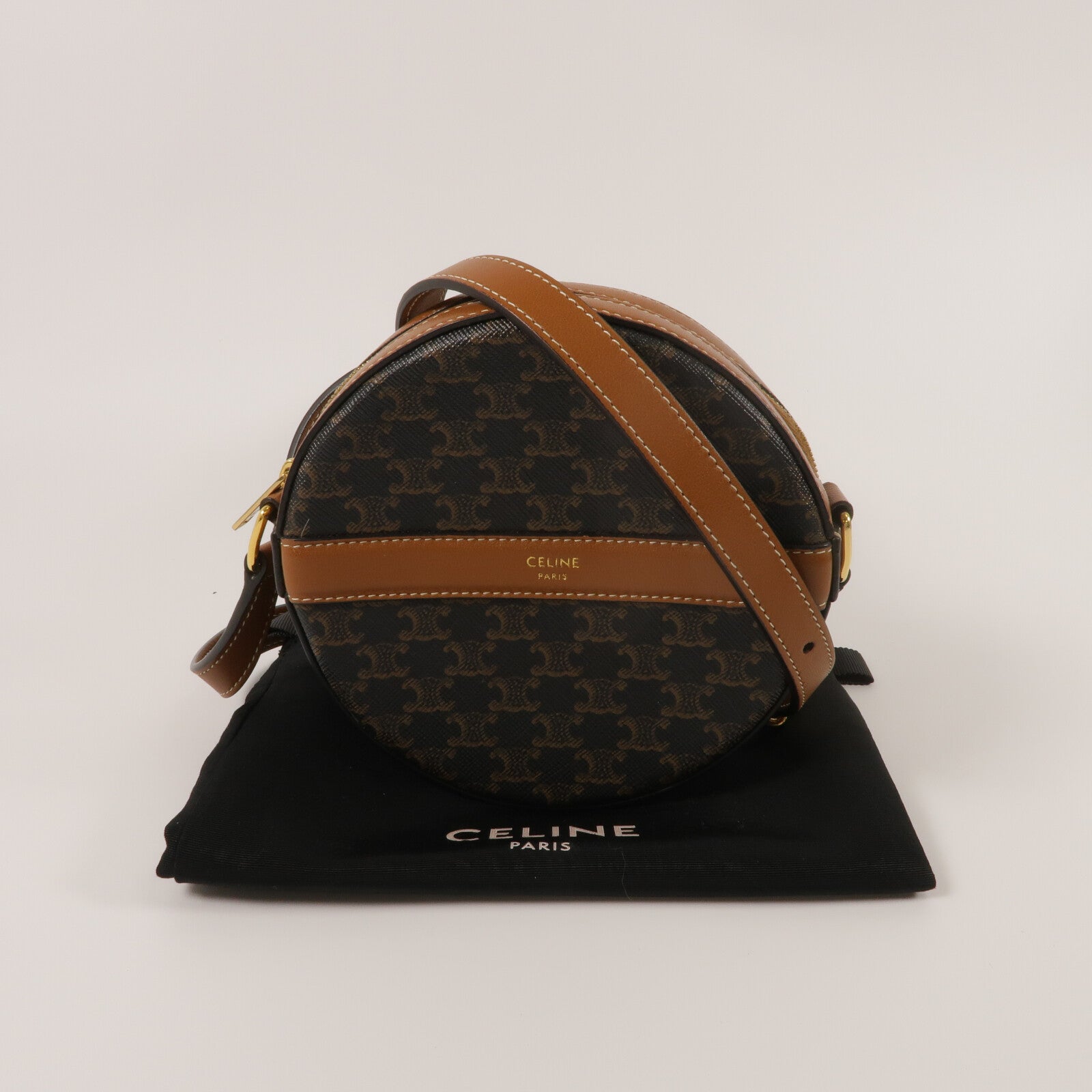 CELINE 塗層帆布/牛皮皮革Round Purse On Strap肩背袋
