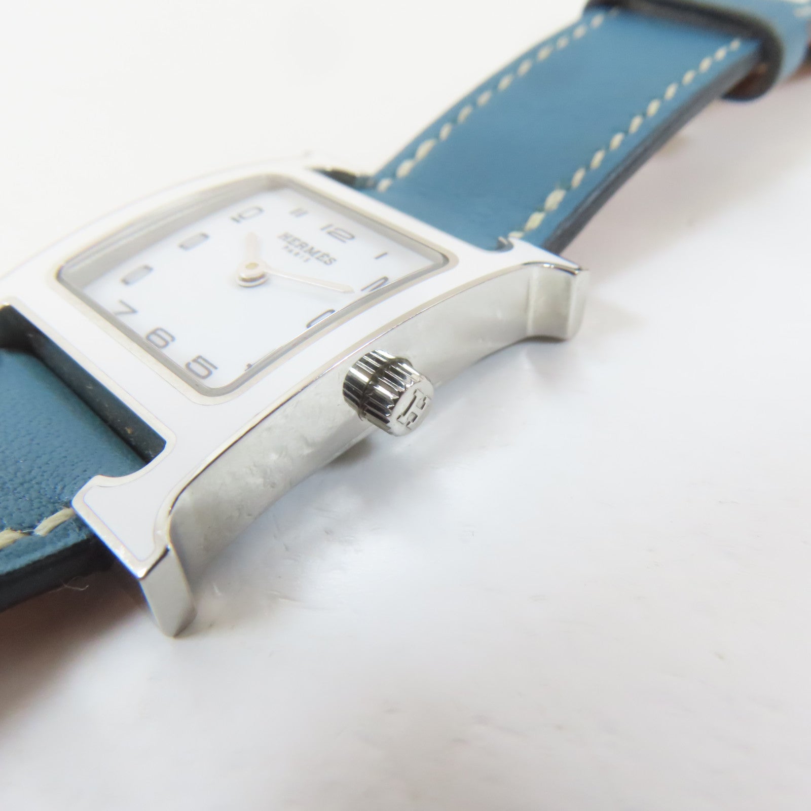HERMES H Watch不鏽鋼/皮革手錶石英機芯白色#16.25cm