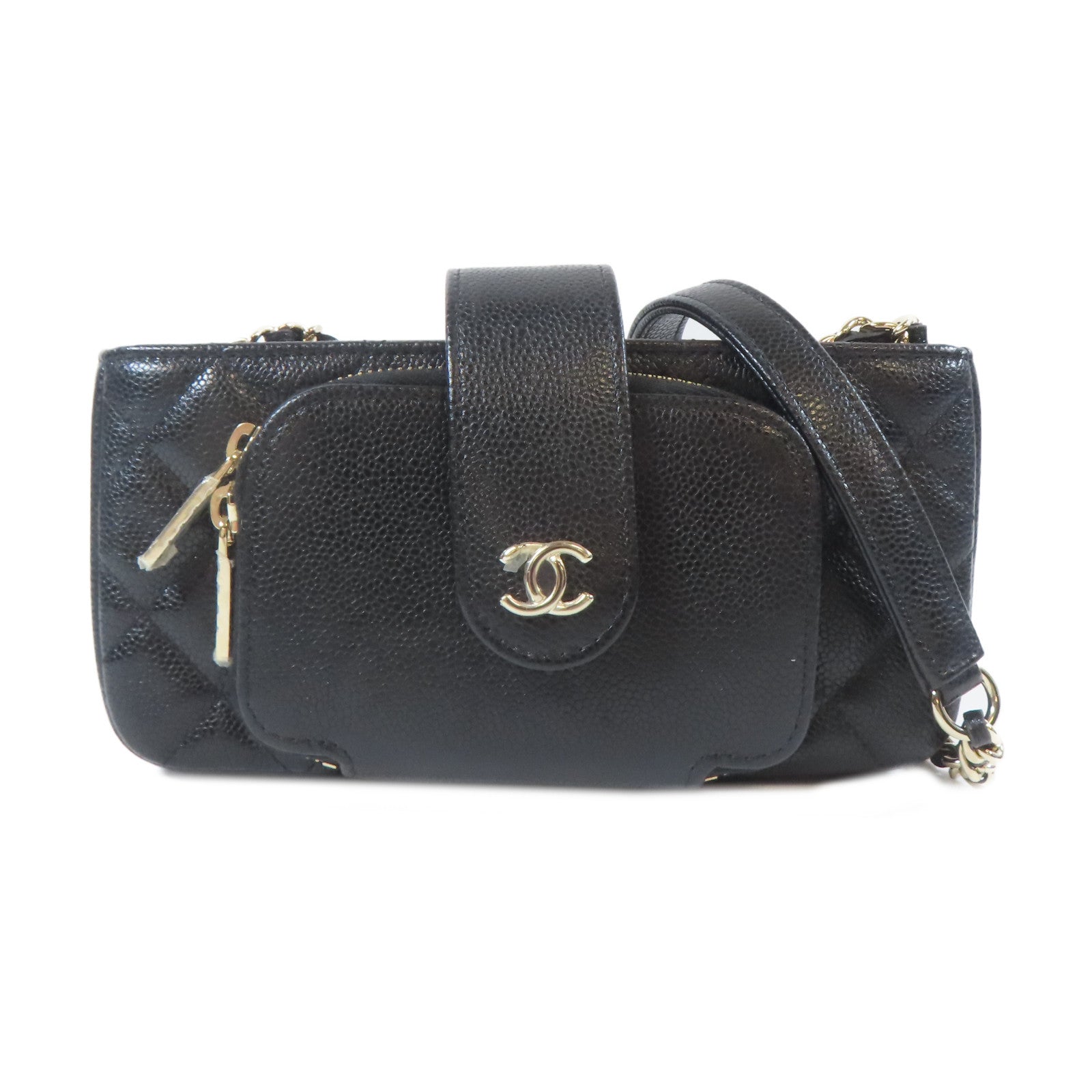 CHANEL 菱格Caviar皮革Business Affinity Phone Holder金扣鏈帶肩背袋黑色