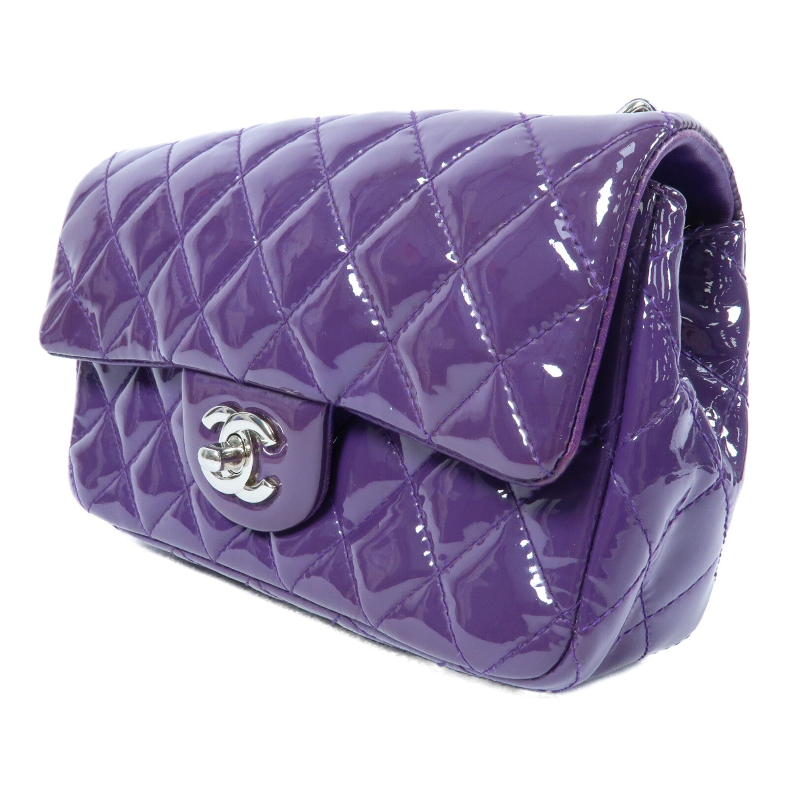CHANEL 漆皮皮革Mini Classic 20銀扣鏈帶肩背袋