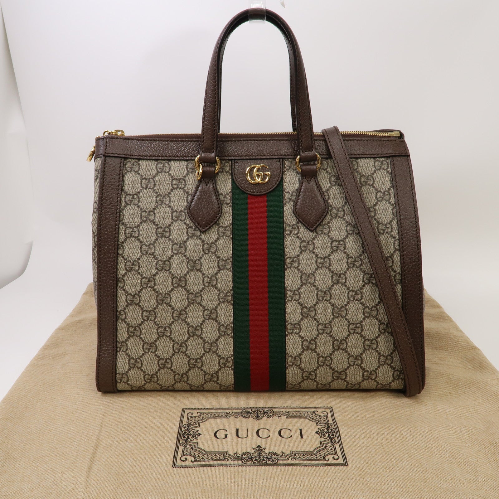 GUCCI 塗層帆布Ophidia Medium Tote Bag金扣手挽肩背兩用袋啡色