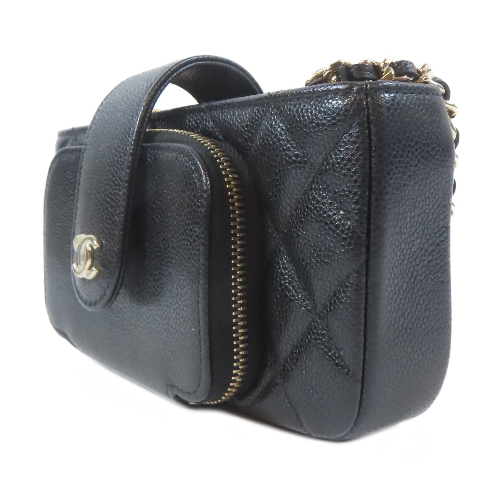CHANEL 菱格Caviar皮革Business Affinity Phone Holder金扣鏈帶肩背袋黑色