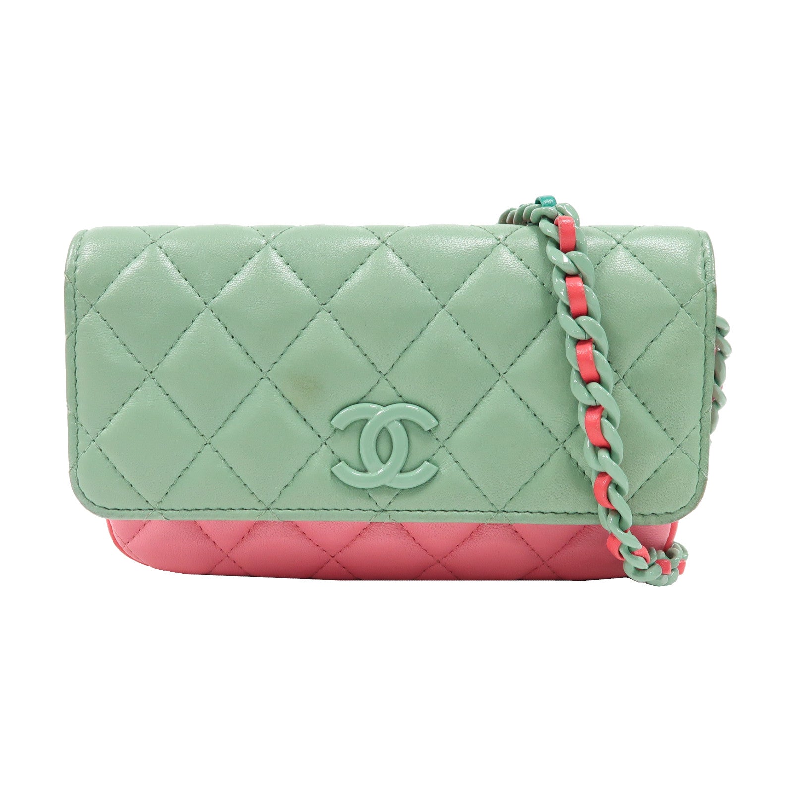 CHANEL 菱格羊皮皮革Chain Shoulder金扣鏈帶肩背袋粉紅色/綠色