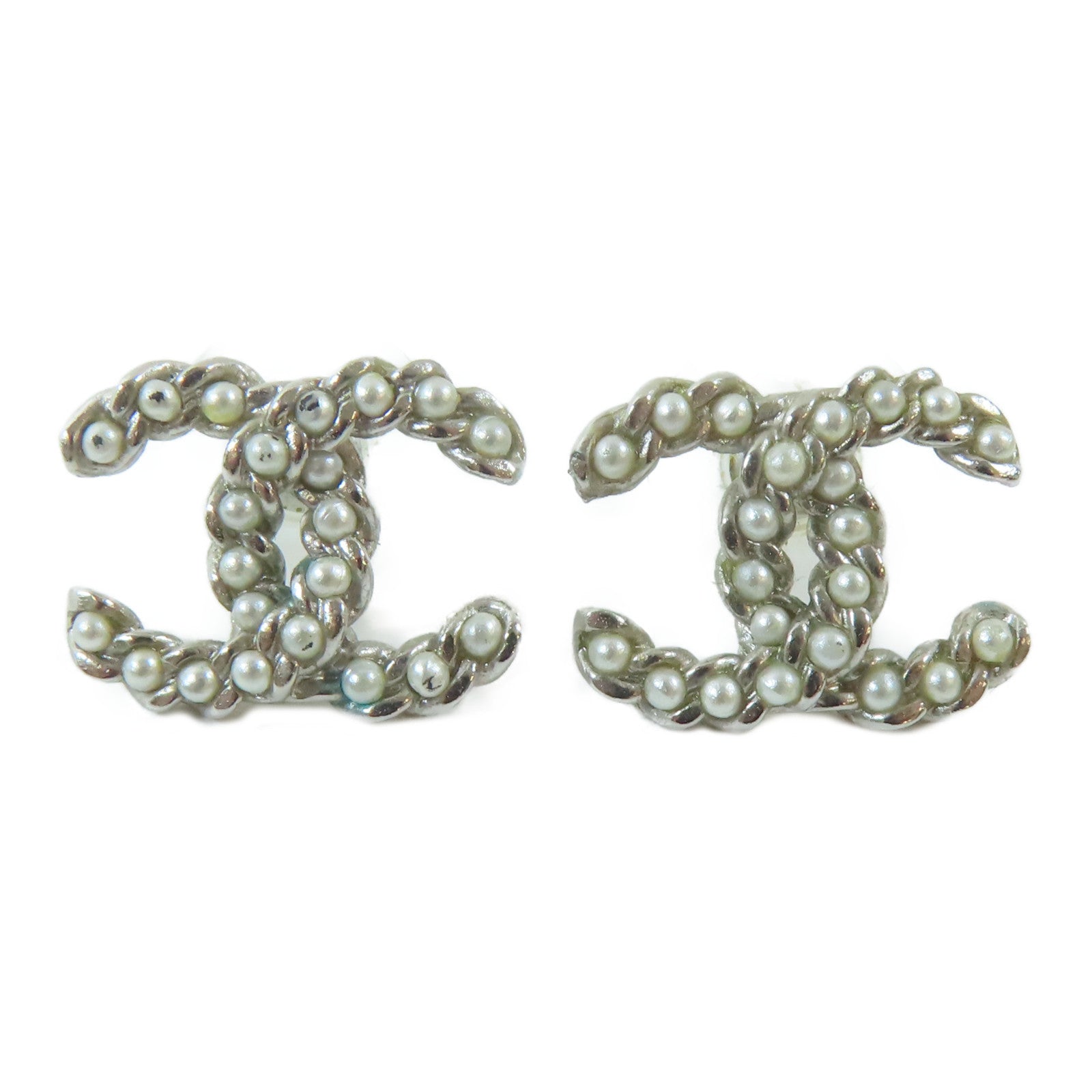 CHANEL 金屬Pierced Earrings耳環銀色/白色