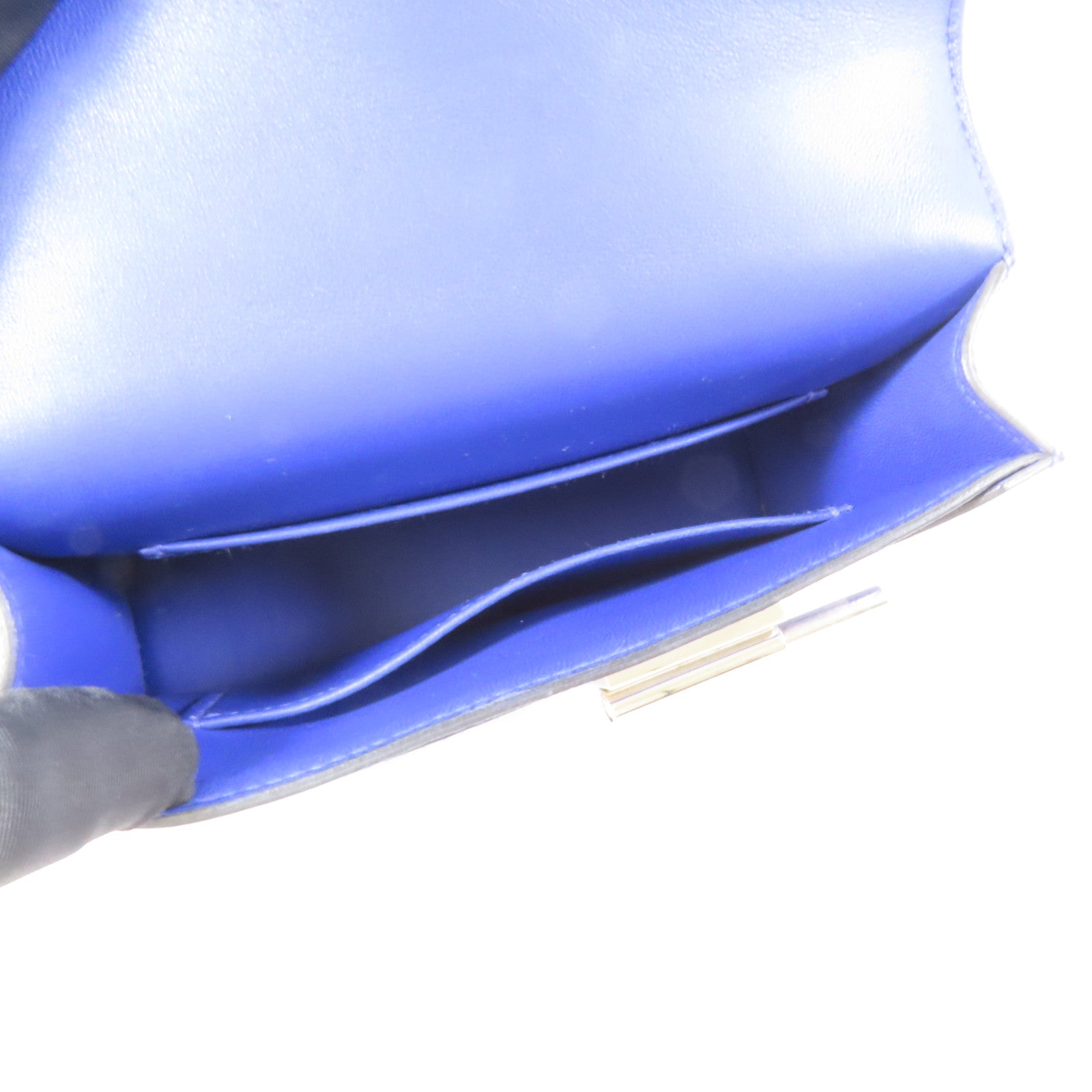 HERMES Chevre皮革Verrou Mini銀扣鏈帶肩背袋Bleu Electrique