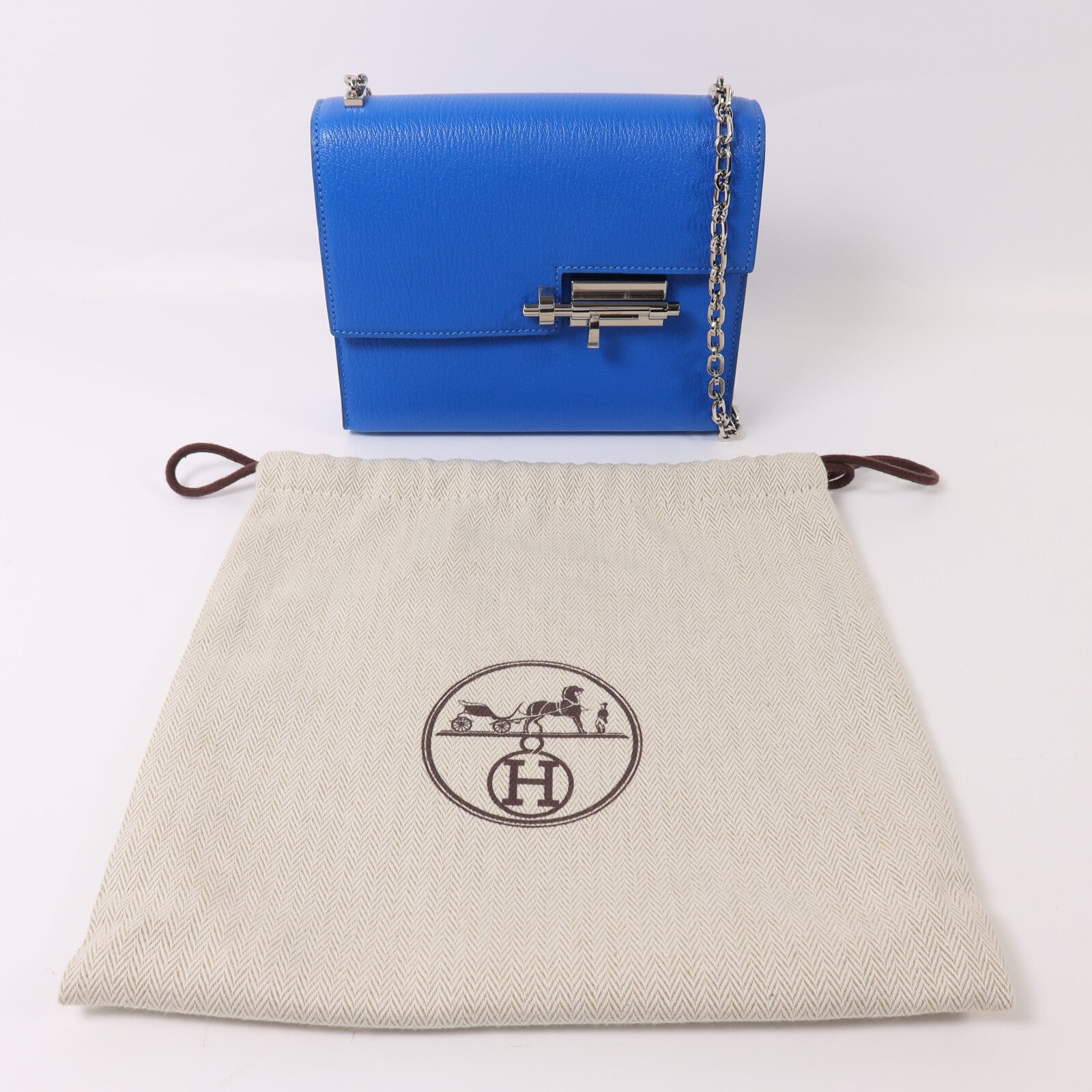 HERMES Chevre皮革Verrou Mini銀扣鏈帶肩背袋Blue Hydra