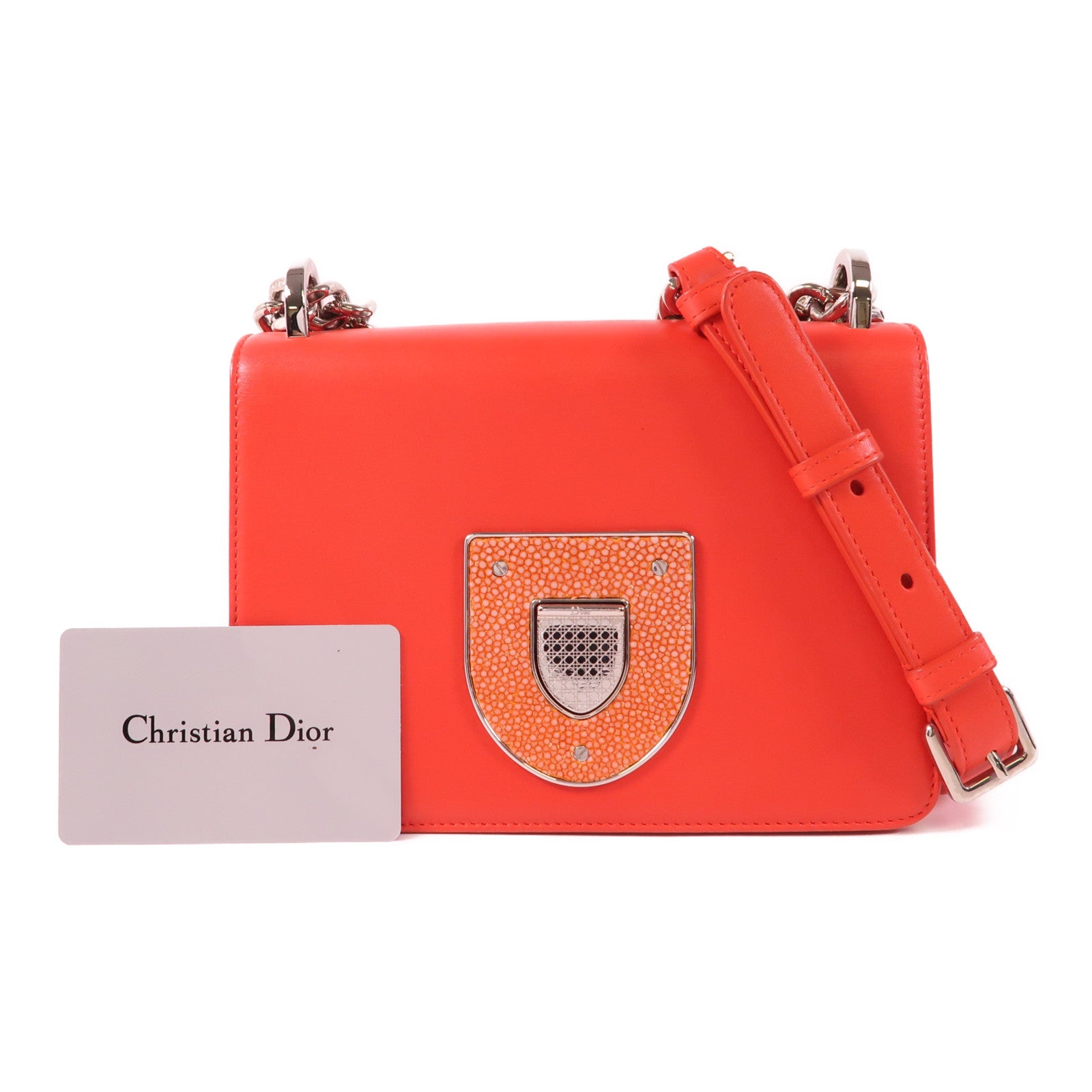 Dior 魔鬼魚皮革/牛皮皮革Chain Shoulder Bag銀扣鏈帶肩背袋