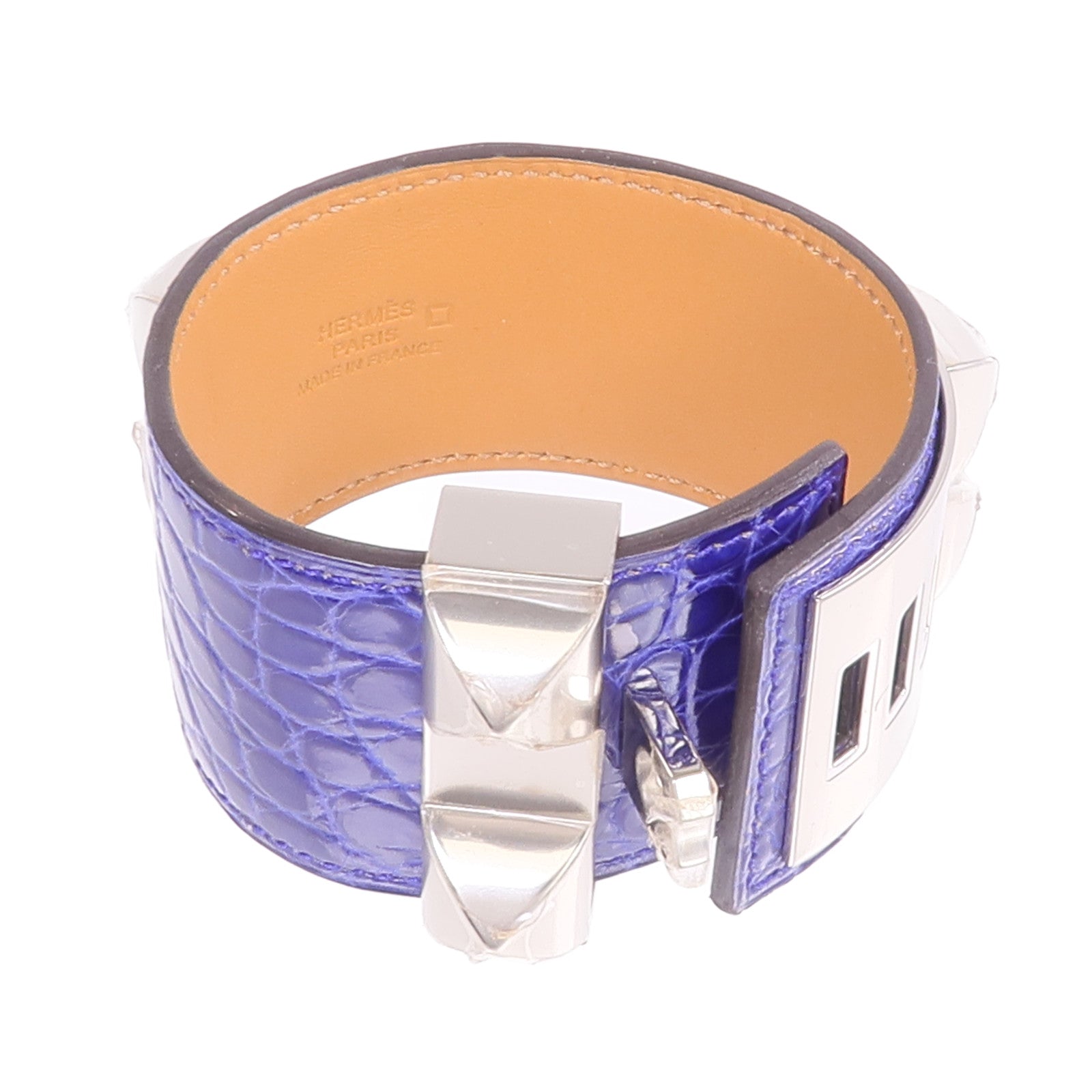 HERMES 【激減優惠】Alligator皮革Collier de Chien Bracelet銀扣手帶Bleu Electrique