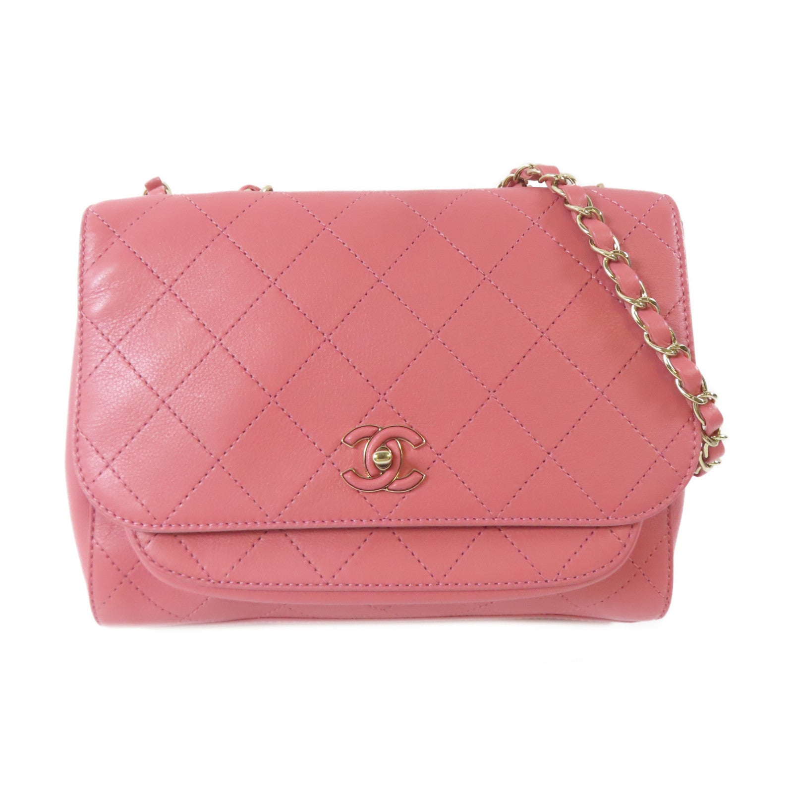 CHANEL 【激減優惠】菱格牛皮皮革Chain Shoulder Bag金扣鏈帶肩背袋粉紅色