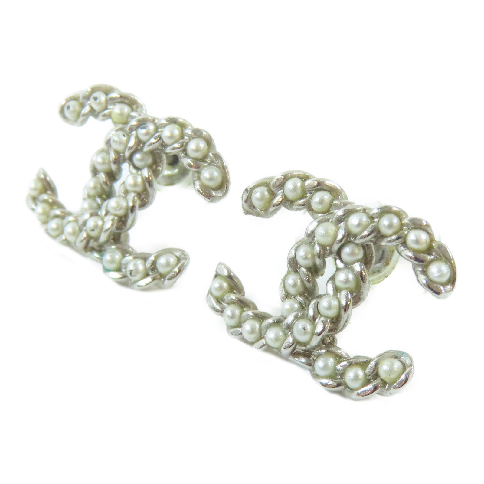 CHANEL 金屬Pierced Earrings耳環銀色/白色