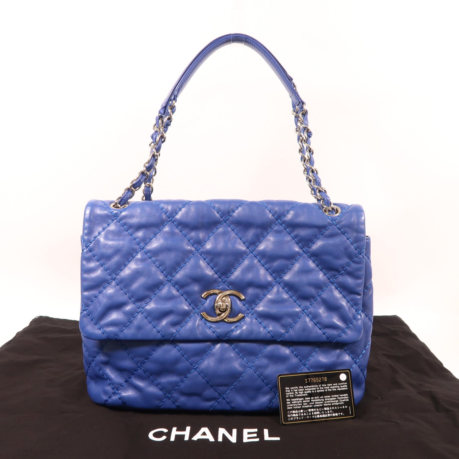 CHANEL 羊皮皮革Chain Shoulder銀扣鏈帶肩背袋藍色