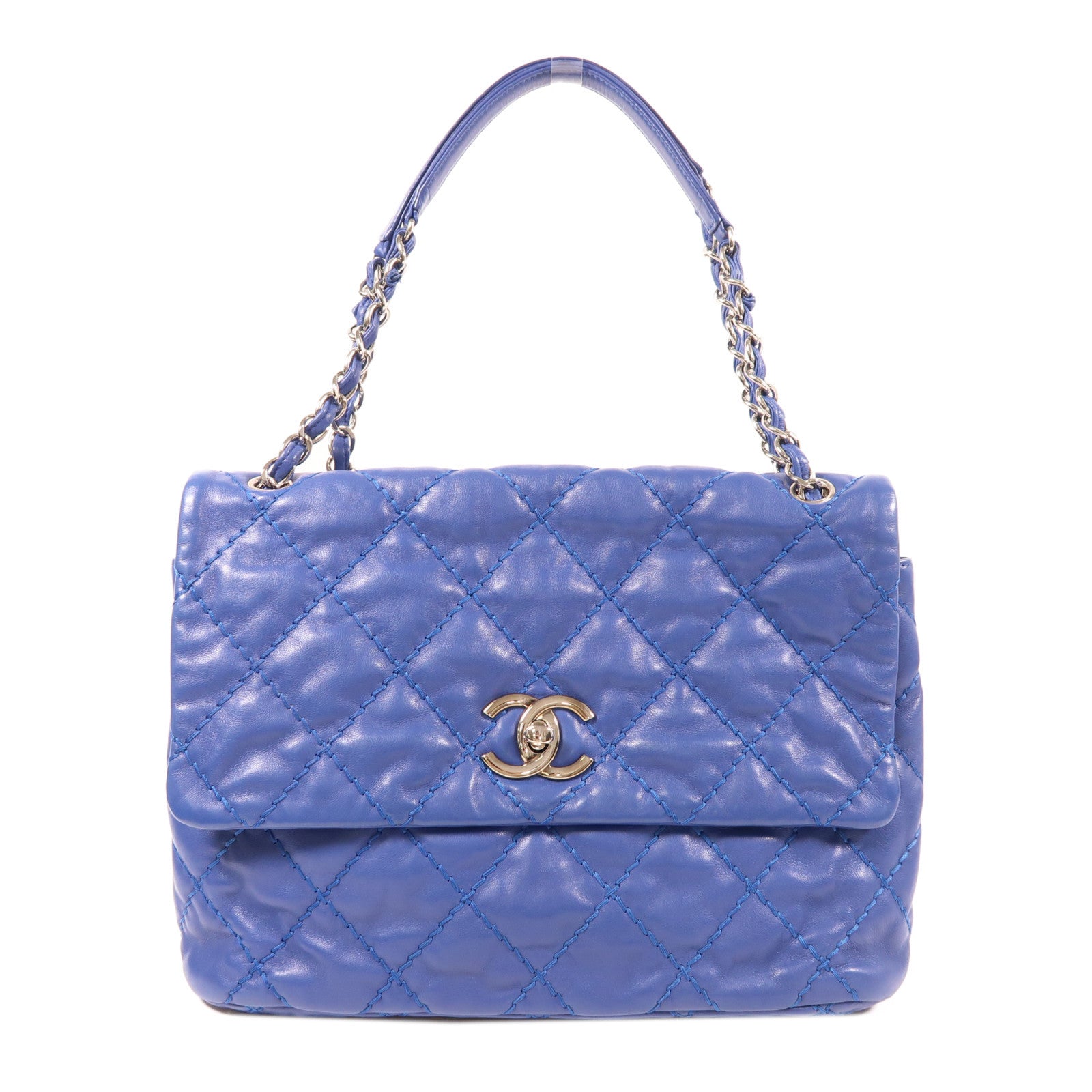 CHANEL 羊皮皮革Chain Shoulder銀扣鏈帶肩背袋藍色