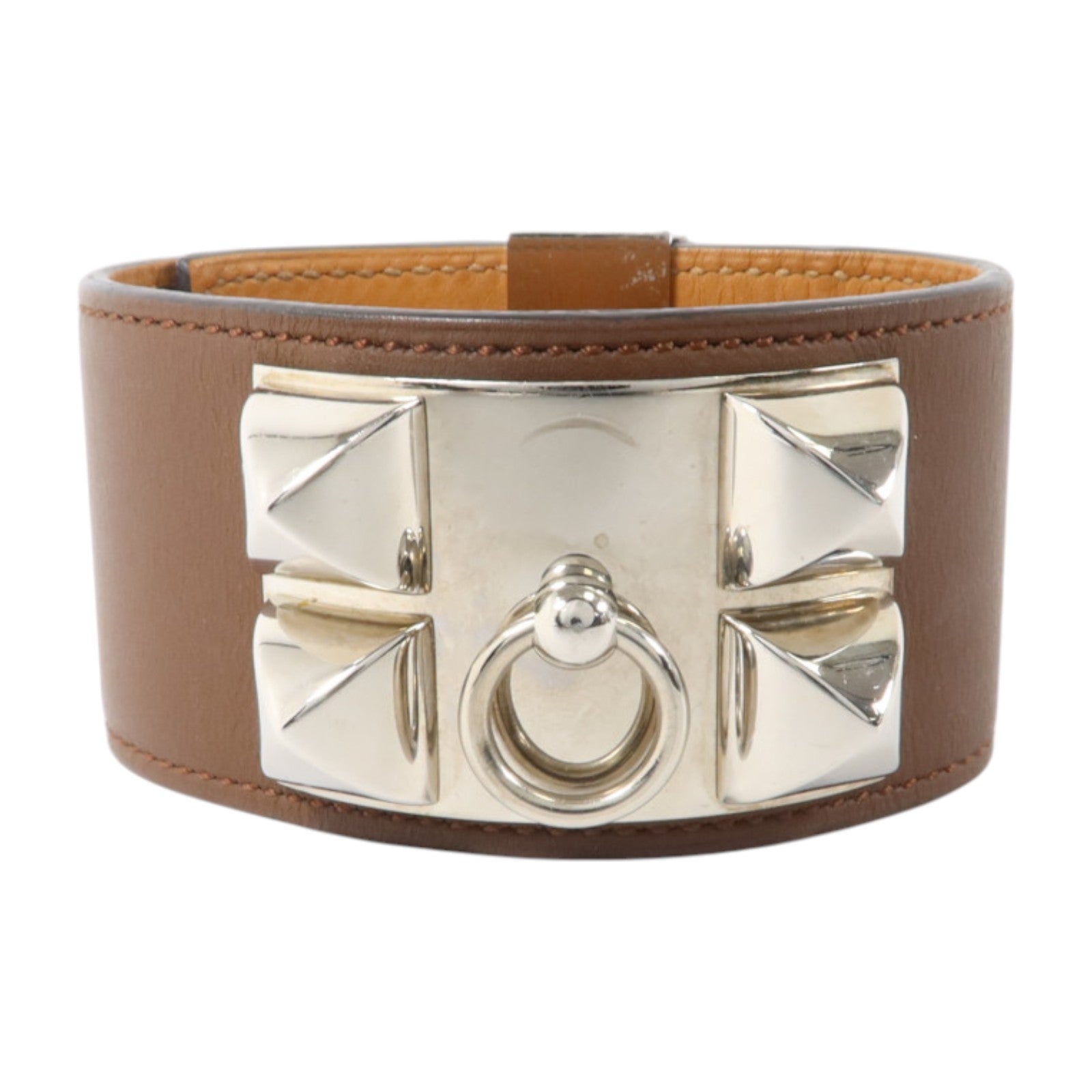 HERMES Barenia皮革Collier De Chien銀扣手鐲