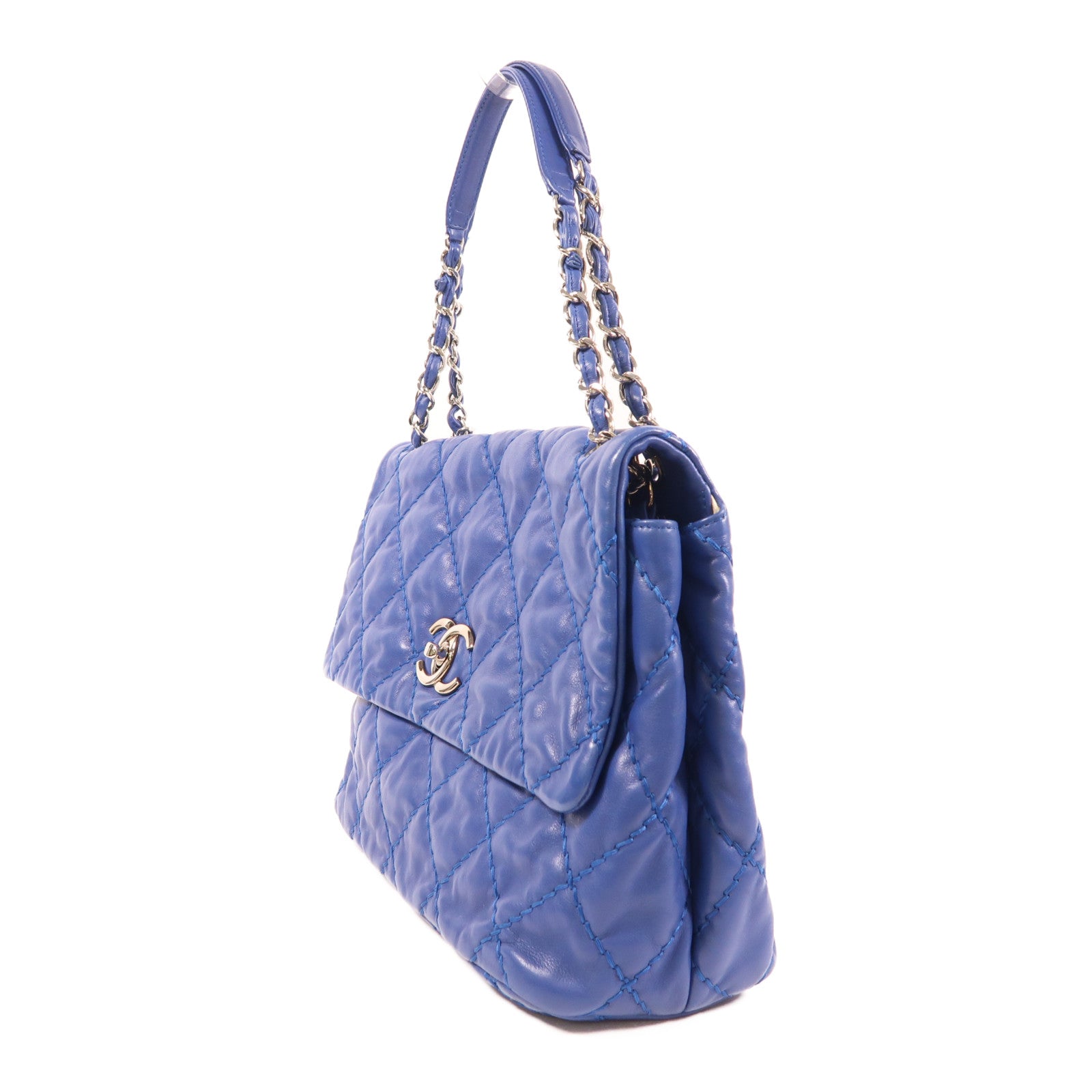 CHANEL 羊皮皮革Chain Shoulder銀扣鏈帶肩背袋藍色