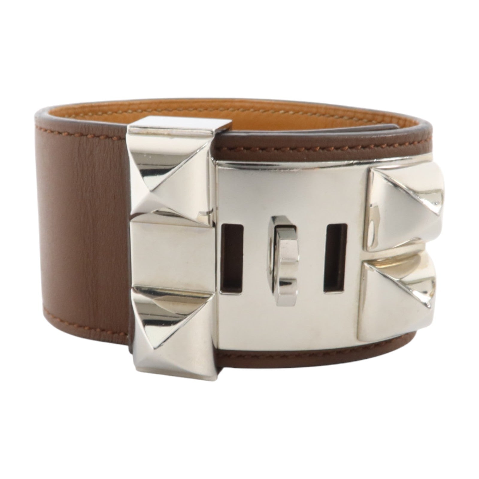 HERMES Barenia皮革Collier De Chien銀扣手鐲