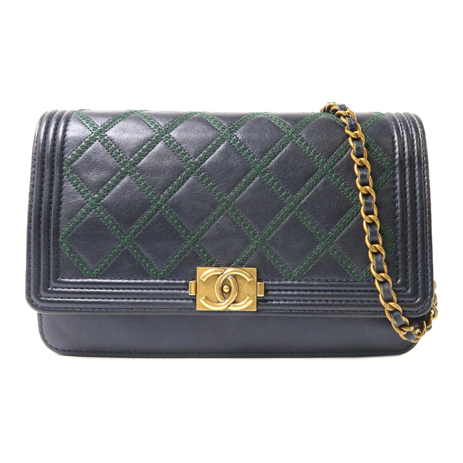CHANEL 羊皮皮革WOC Wallet On Chain金扣鏈帶肩背袋深藍色/綠色