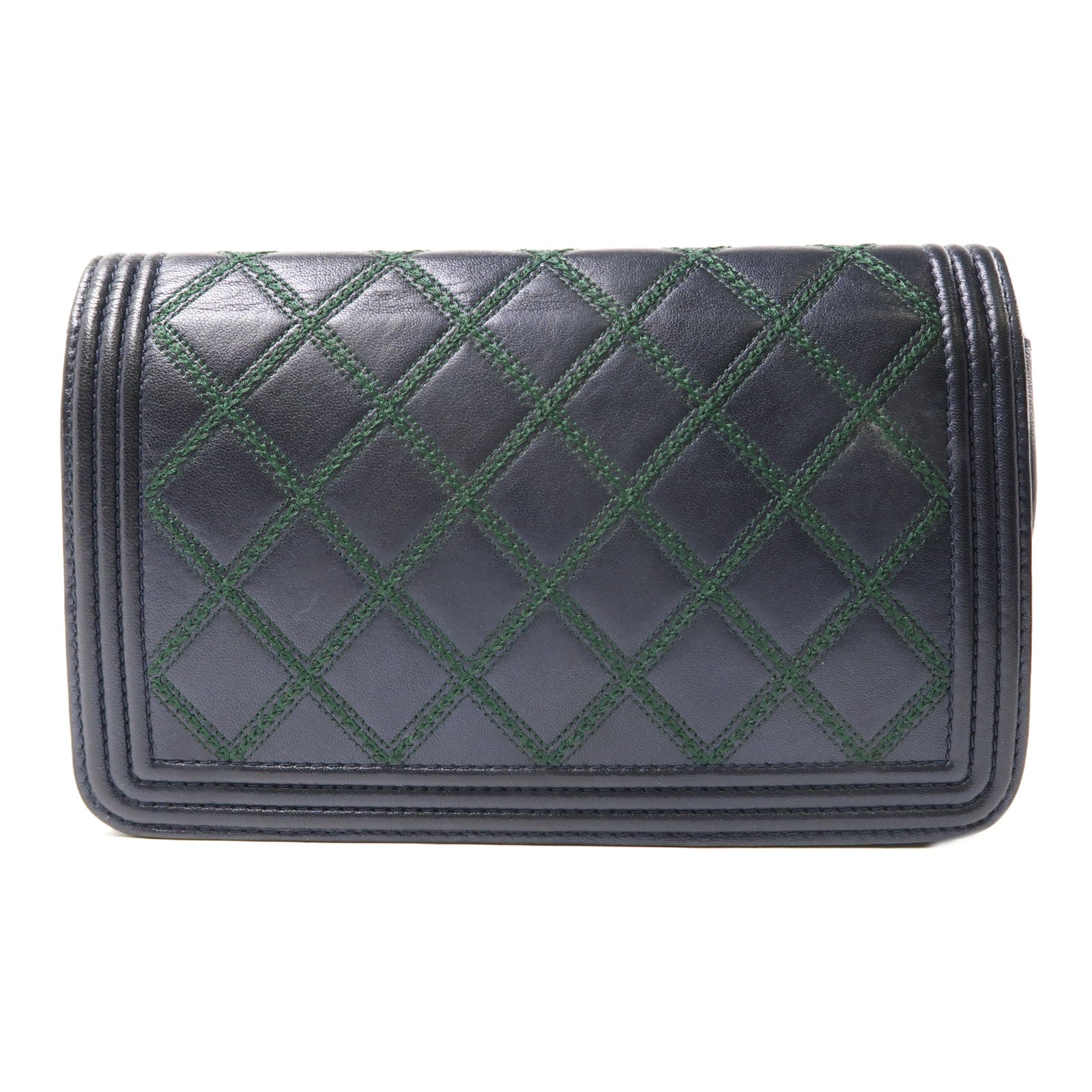 CHANEL 羊皮皮革WOC Wallet On Chain金扣鏈帶肩背袋深藍色/綠色