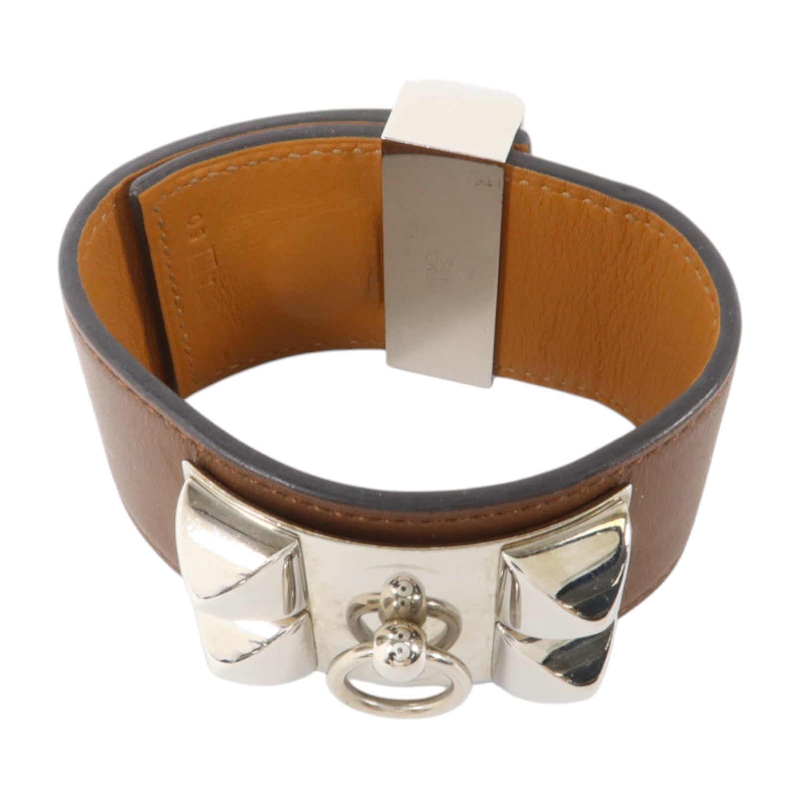HERMES Barenia皮革Collier De Chien銀扣手鐲