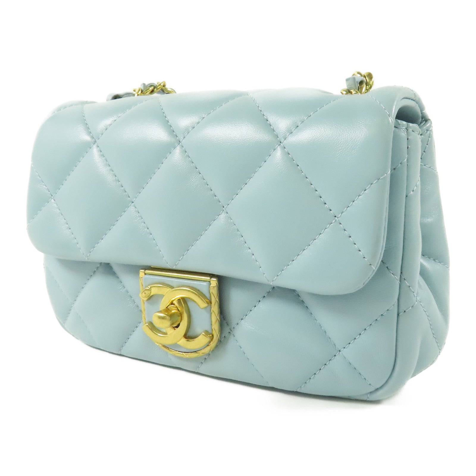 CHANEL CC GHW Mini Flap Bag Chain Shoulder Bag AS3473 Lambskin Leather Blue