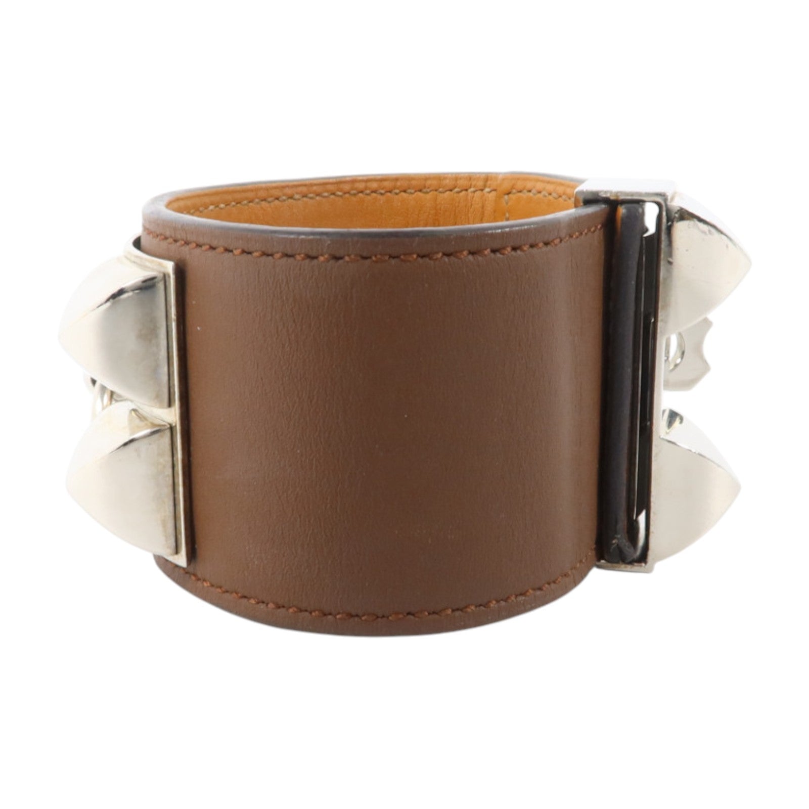 HERMES Barenia皮革Collier De Chien銀扣手鐲