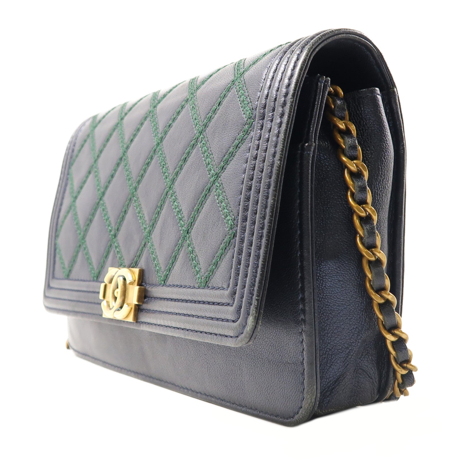 CHANEL 羊皮皮革WOC Wallet On Chain金扣鏈帶肩背袋深藍色/綠色
